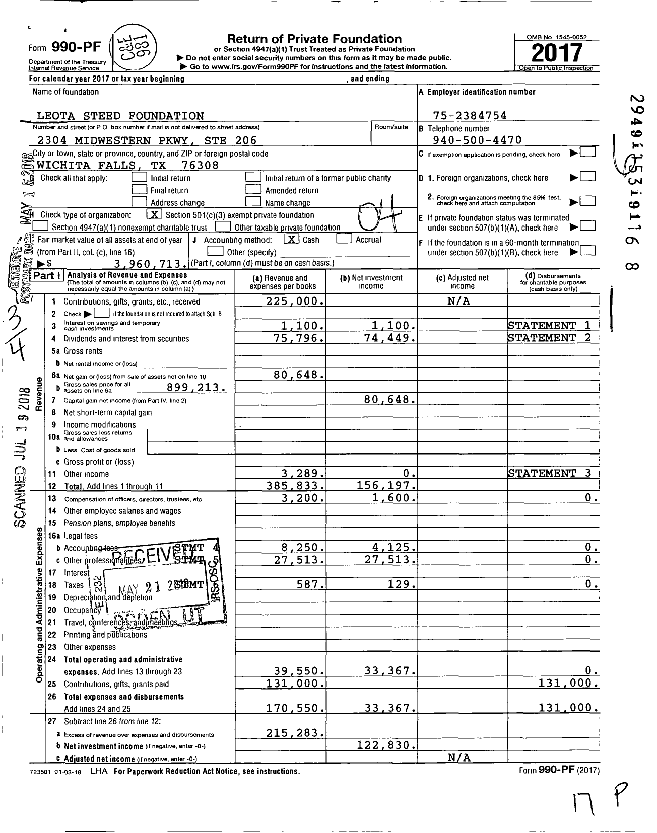 Image of first page of 2017 Form 990PF for Leota Steed Foundation