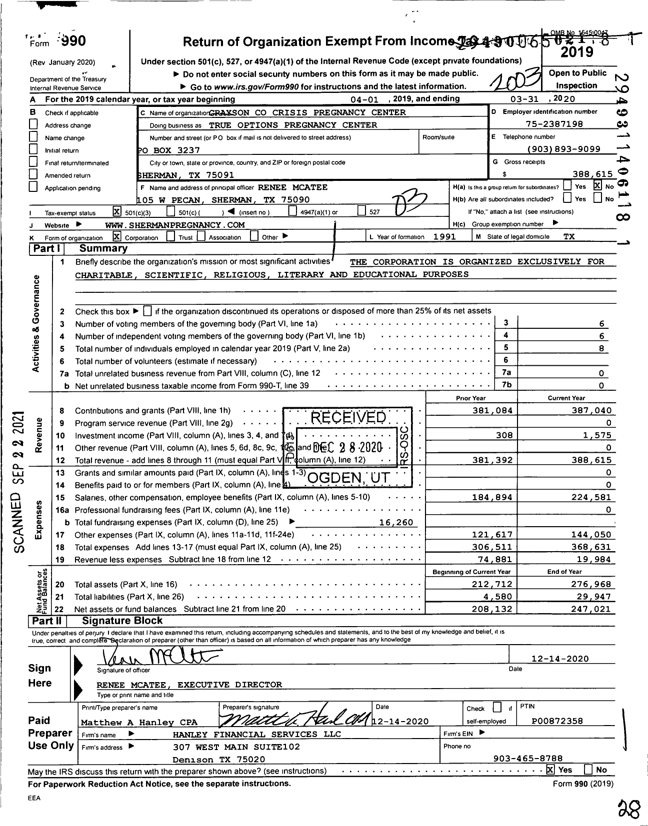 Image of first page of 2019 Form 990 for True Options Pregnancy Center