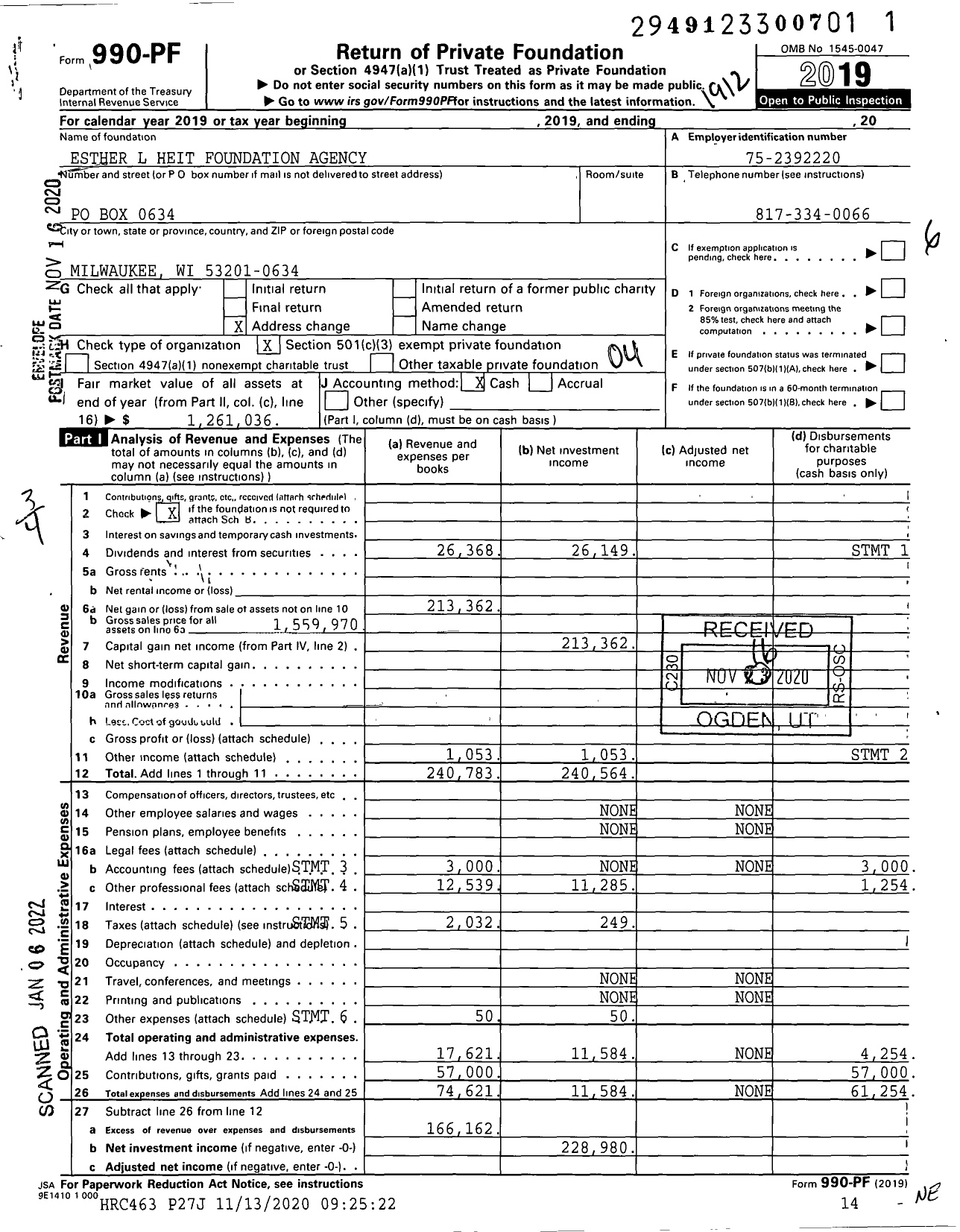 Image of first page of 2019 Form 990PF for Esther L Heit Foundation Agency