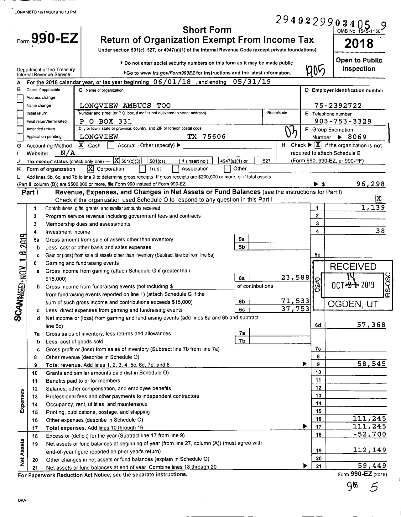 Image of first page of 2018 Form 990EZ for Longview Ambucs Too