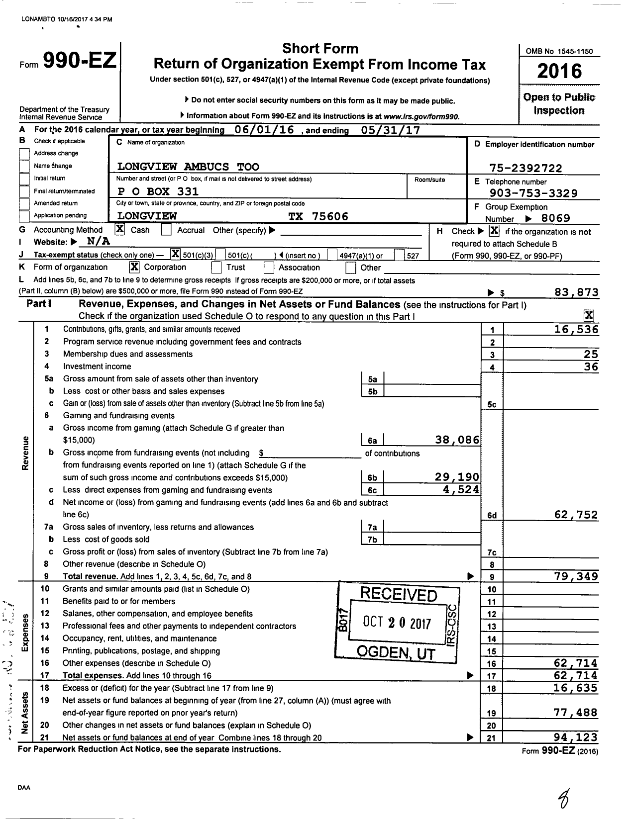 Image of first page of 2016 Form 990EZ for Longview Ambucs Too