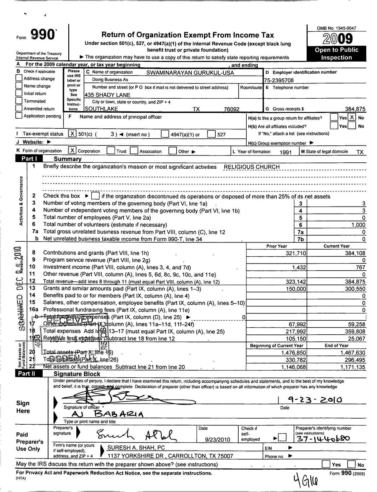 Image of first page of 2009 Form 990 for Swaminarayan Gurukul-Usa