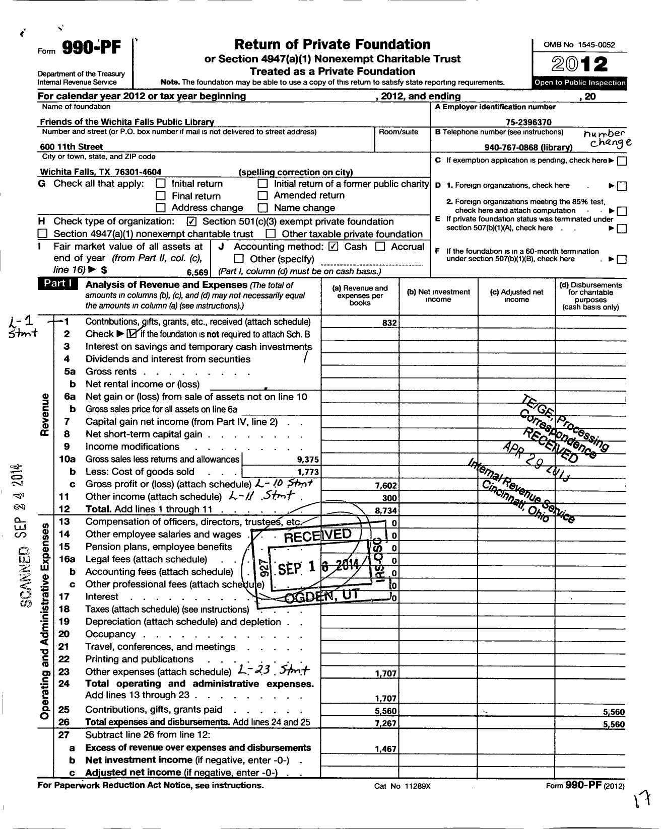 Image of first page of 2012 Form 990PF for Friends of the Wichita Falls Public Library