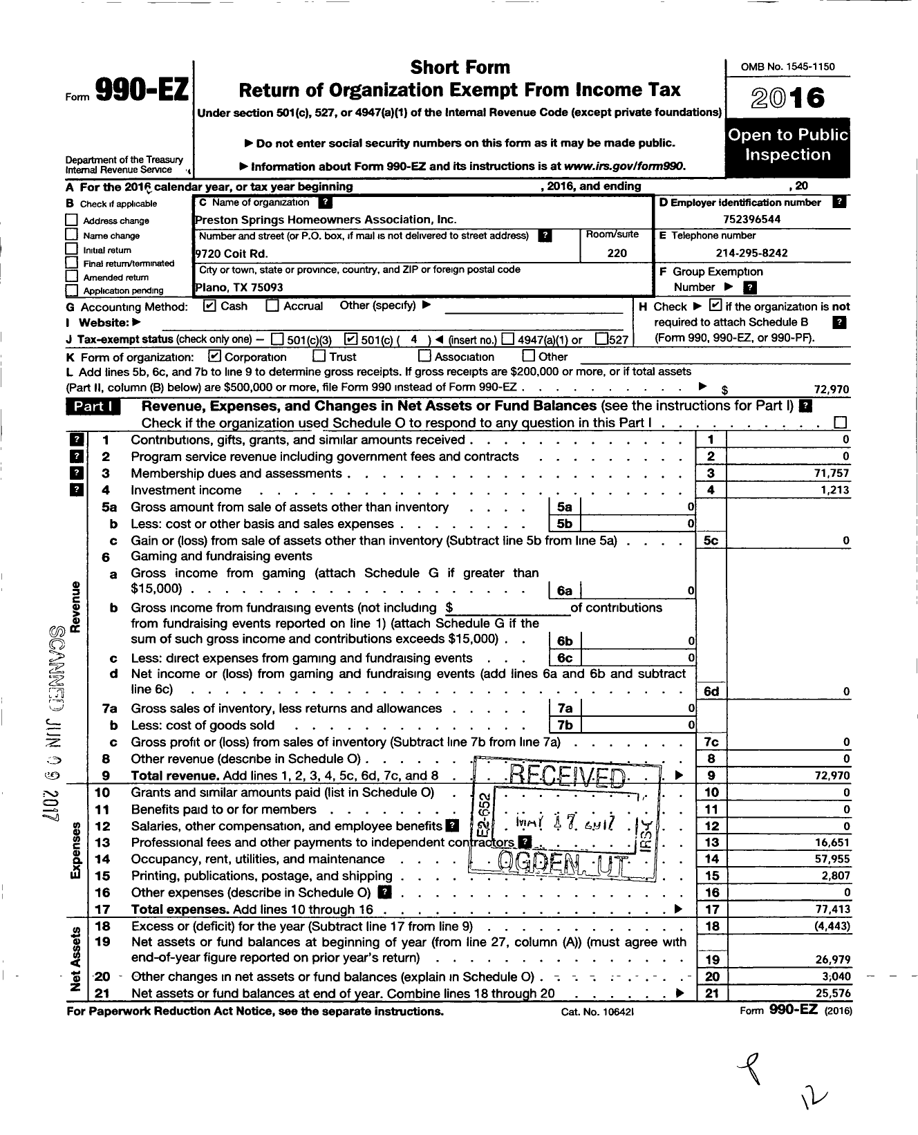 Image of first page of 2016 Form 990EO for Preston Spring Homeowners