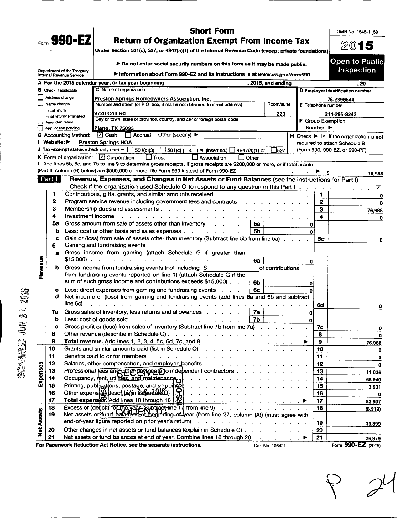 Image of first page of 2015 Form 990EO for Preston Spring Homeowners