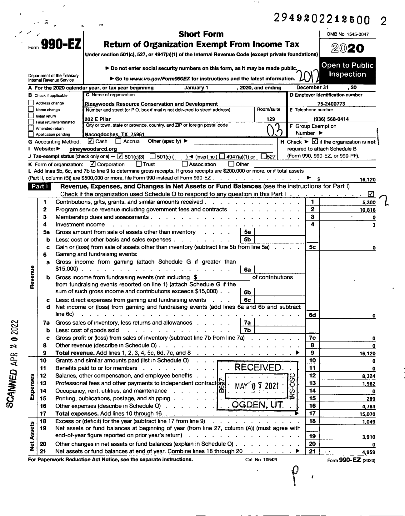 Image of first page of 2020 Form 990EZ for PINEYWOODS RESOURCE CONSERVATION and DEVELOPMENT CORPORATION