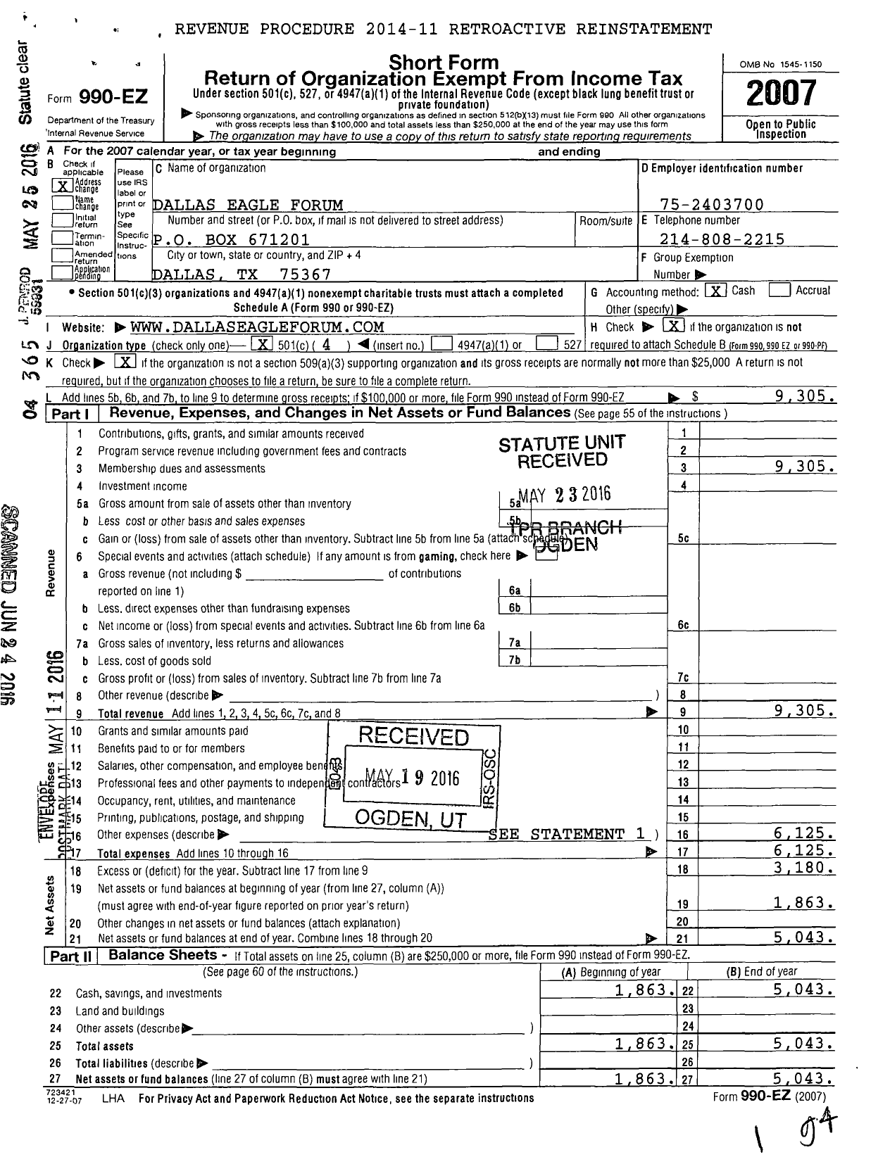 Image of first page of 2007 Form 990EO for Dallas Eagle Forum