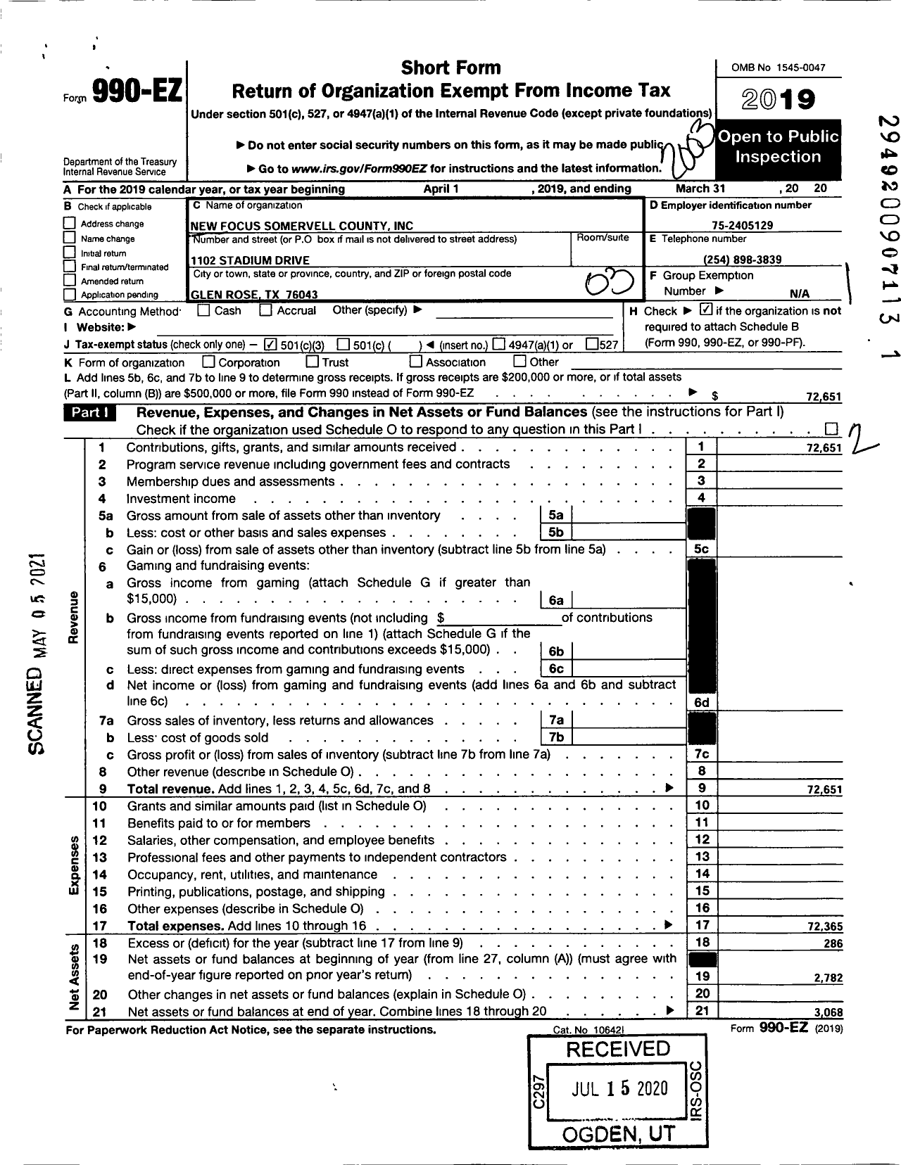 Image of first page of 2019 Form 990EZ for New Focus Somervell County