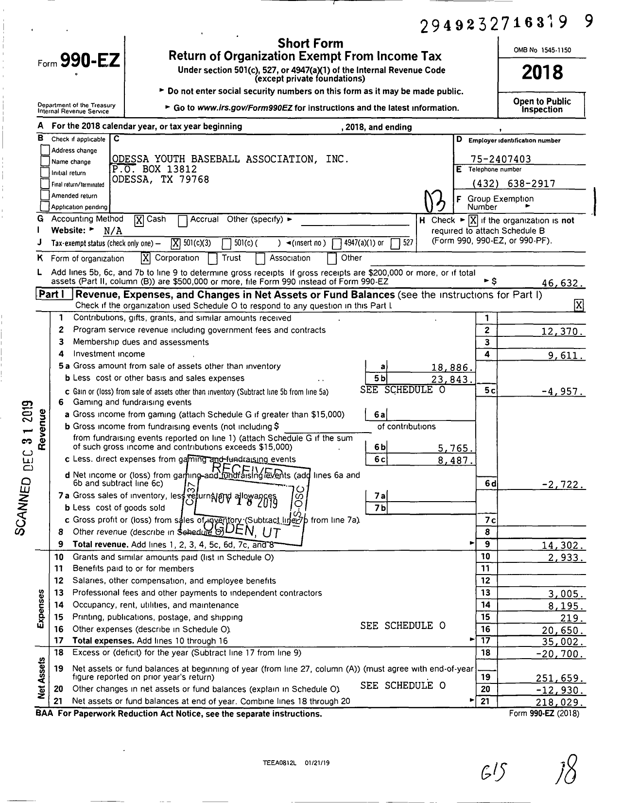 Image of first page of 2018 Form 990EZ for Odessa Youth Baseball Association