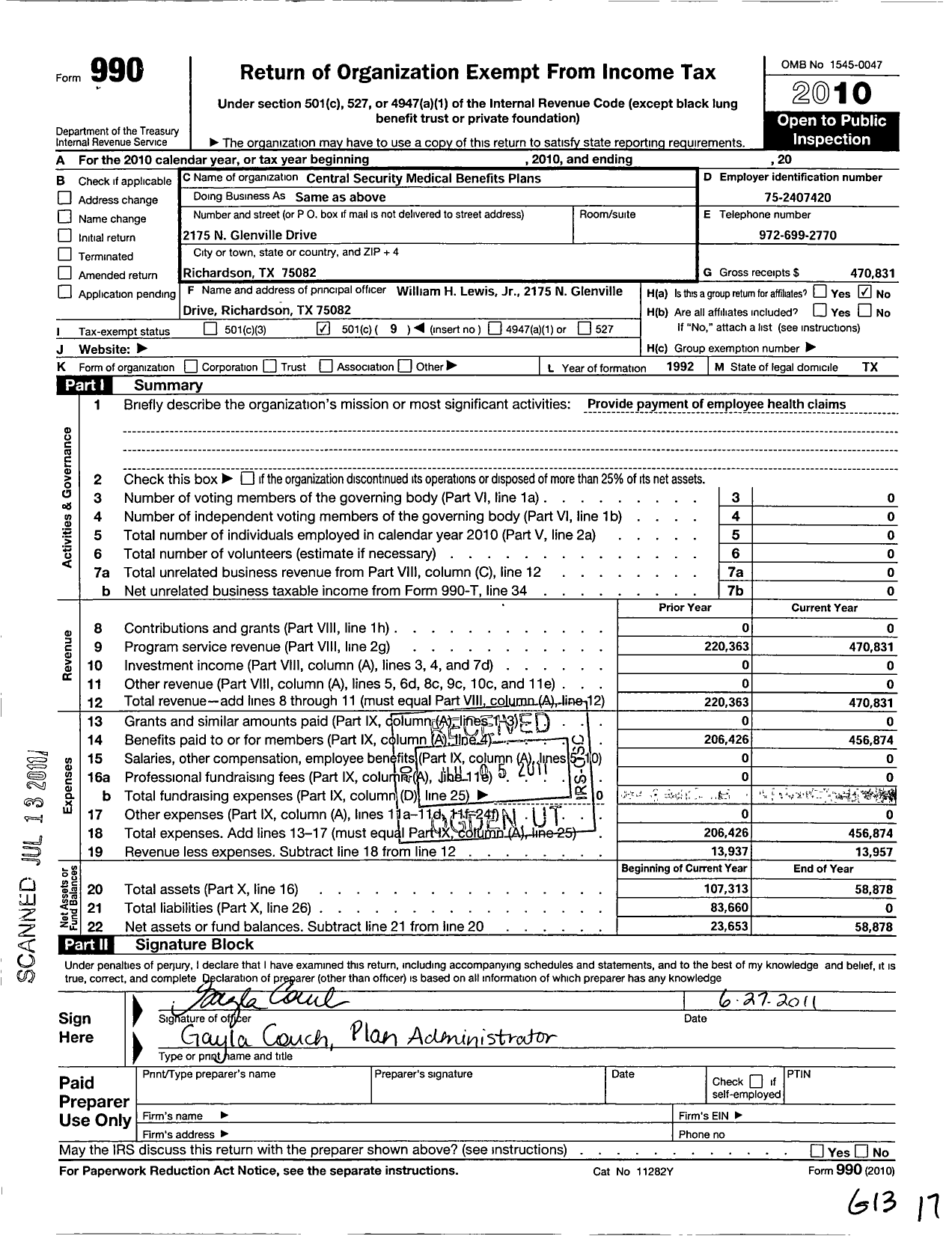Image of first page of 2010 Form 990O for Central Security Medical Benefits Trust