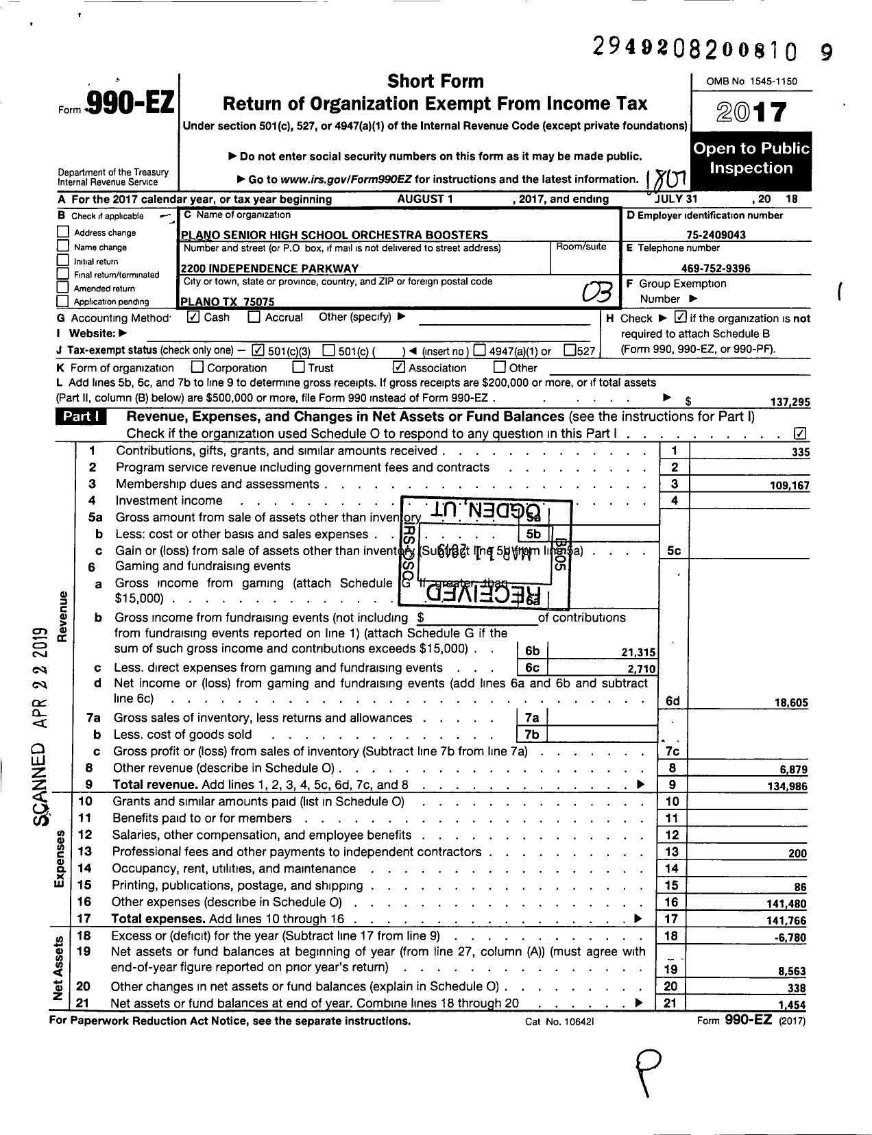 Image of first page of 2017 Form 990EZ for Plano Senior High School Orchestra Boosters