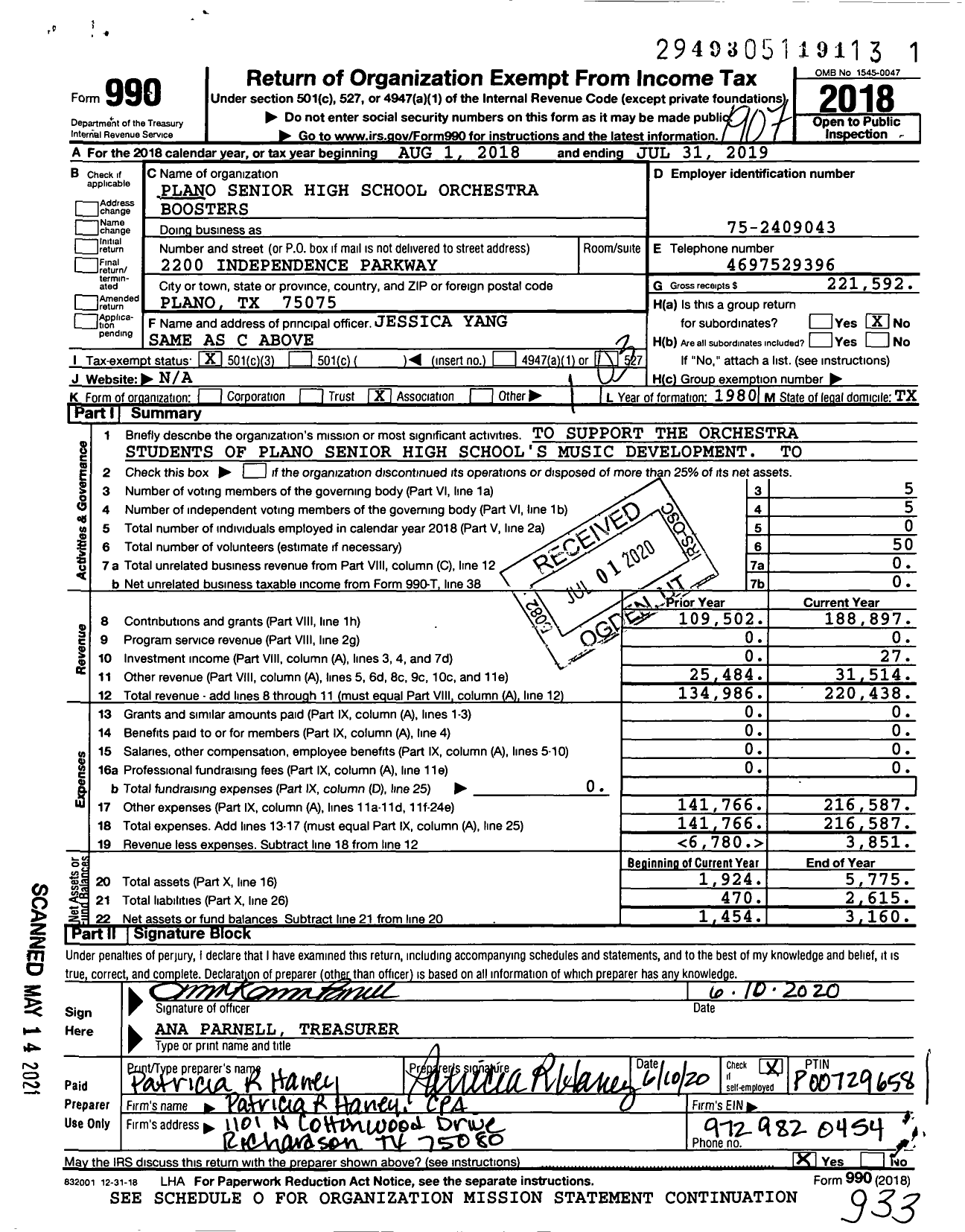 Image of first page of 2018 Form 990 for Plano Senior High School Orchestra Boosters