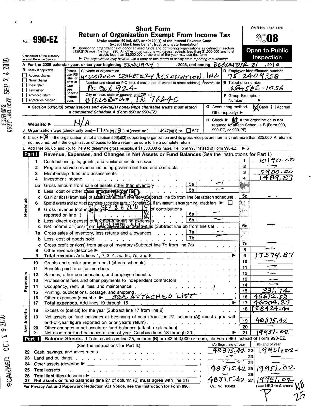 Image of first page of 2010 Form 990EZ for Hillsboro Cemetery Association