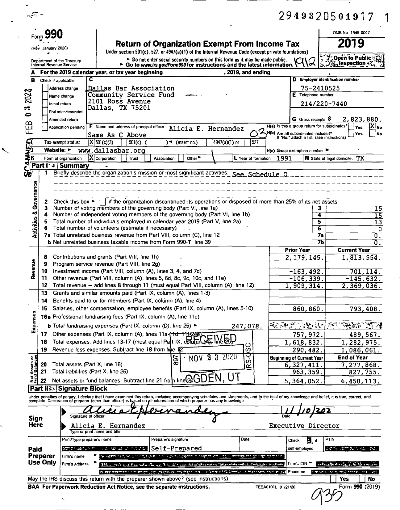 Image of first page of 2019 Form 990 for Dallas Bar Association Community Service Fund