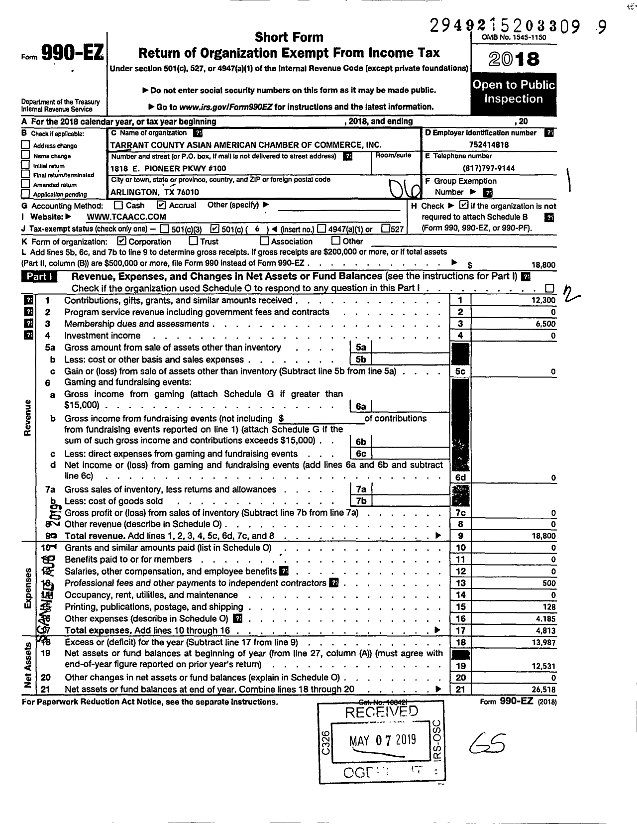 Image of first page of 2018 Form 990EO for Tarrant County Asian American Chamber of Commerce