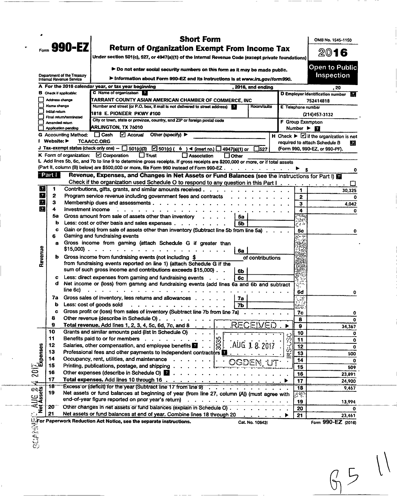 Image of first page of 2016 Form 990EO for Tarrant County Asian American Chamber of Commerce