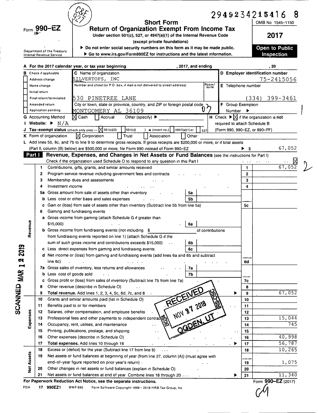 Image of first page of 2017 Form 990EZ for Silvertops