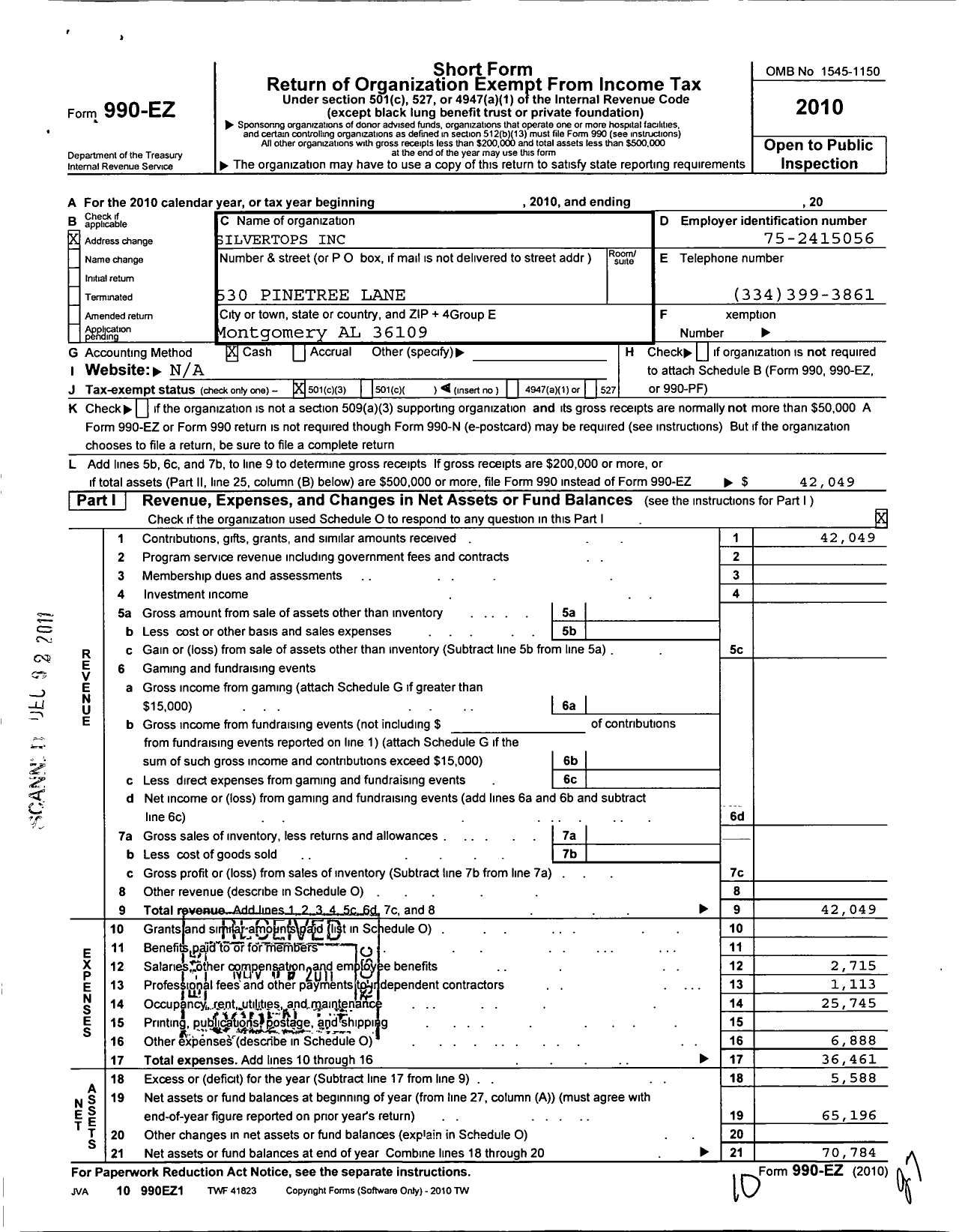 Image of first page of 2010 Form 990EZ for Silvertops