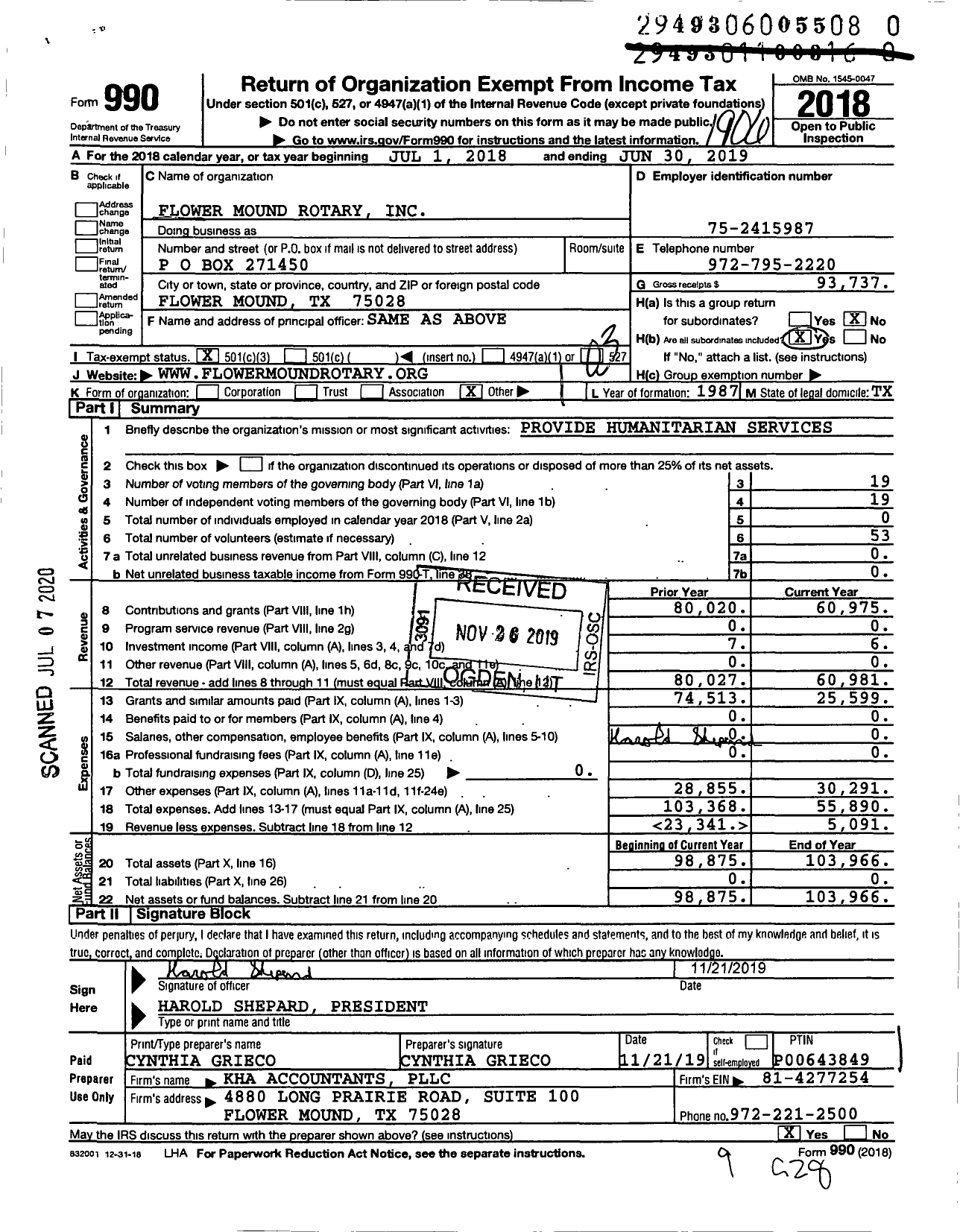 Image of first page of 2018 Form 990 for ROTARY INTERNATIONAL - Flower Mound ROTARY