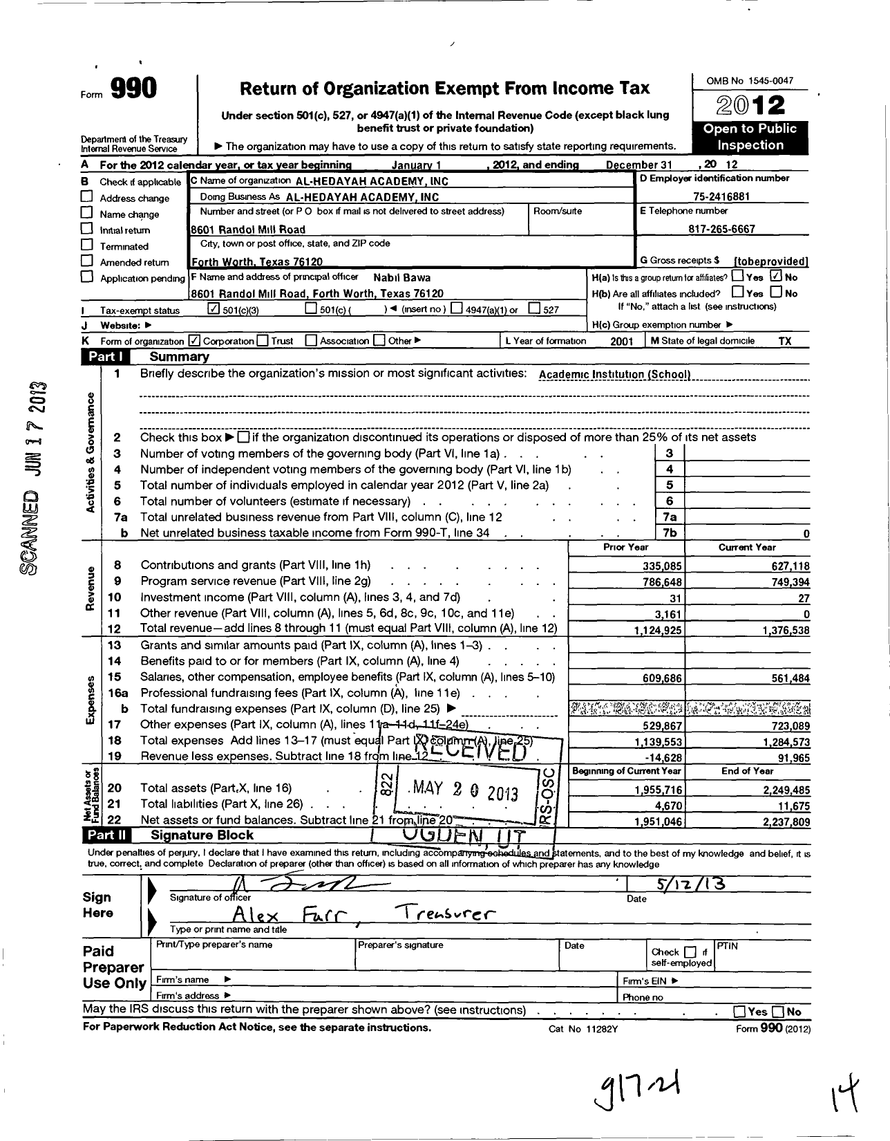 Image of first page of 2012 Form 990 for Al-Hediyah Academy