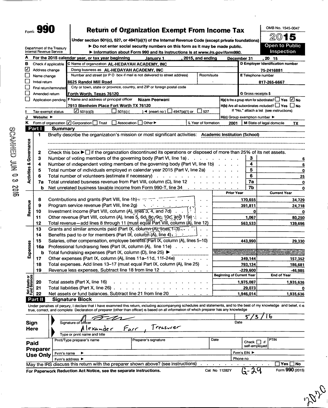 Image of first page of 2015 Form 990 for Al-Hediyah Academy