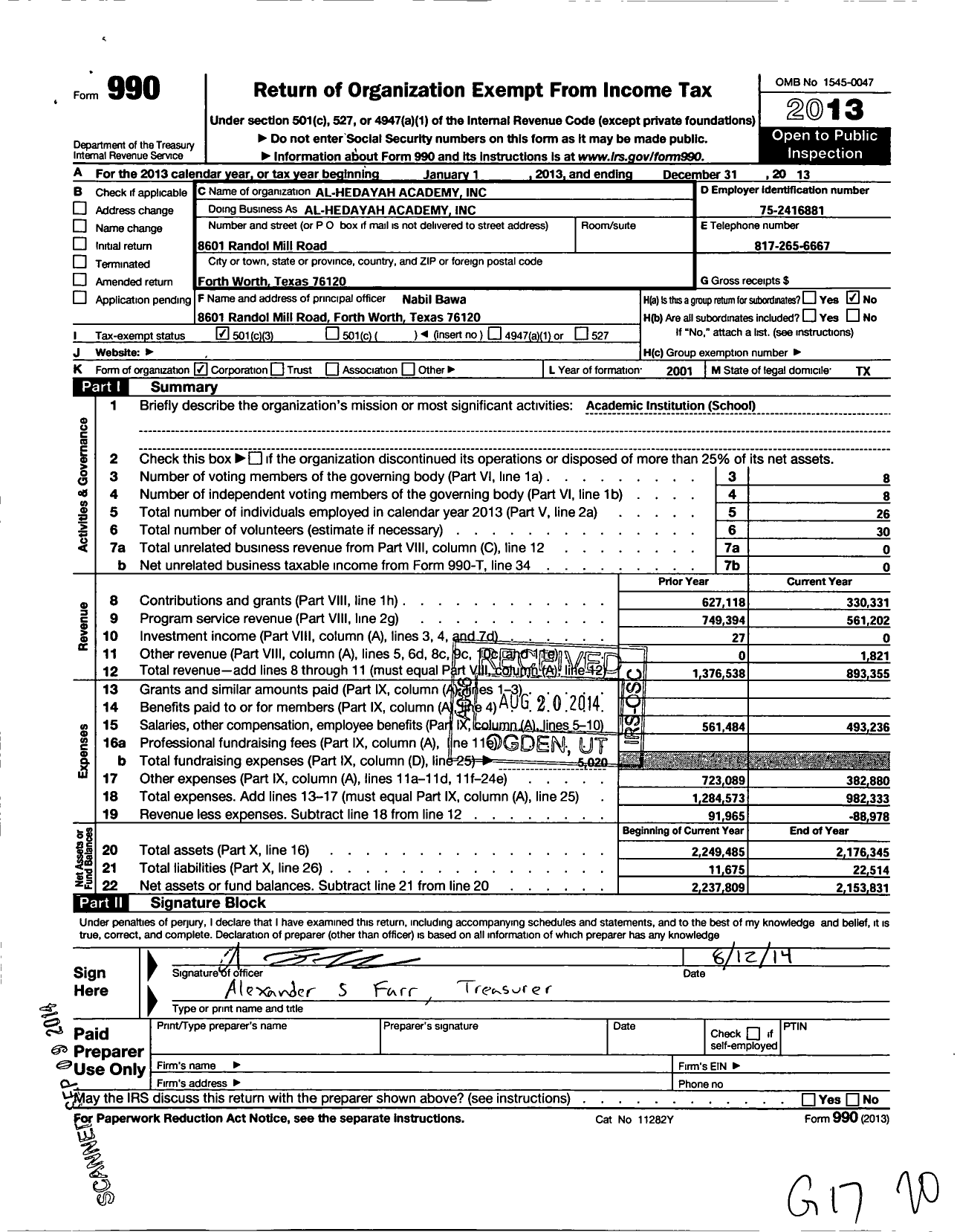 Image of first page of 2013 Form 990 for Al-Hediyah Academy