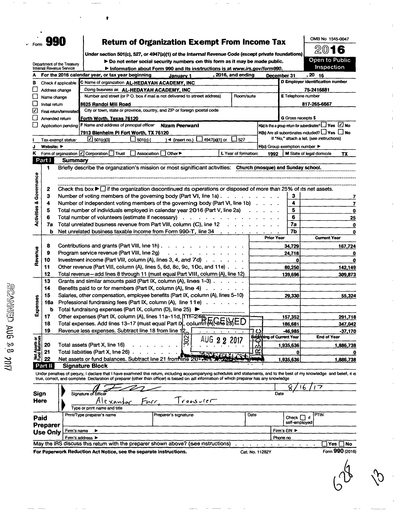 Image of first page of 2016 Form 990 for Al-Hediyah Academy