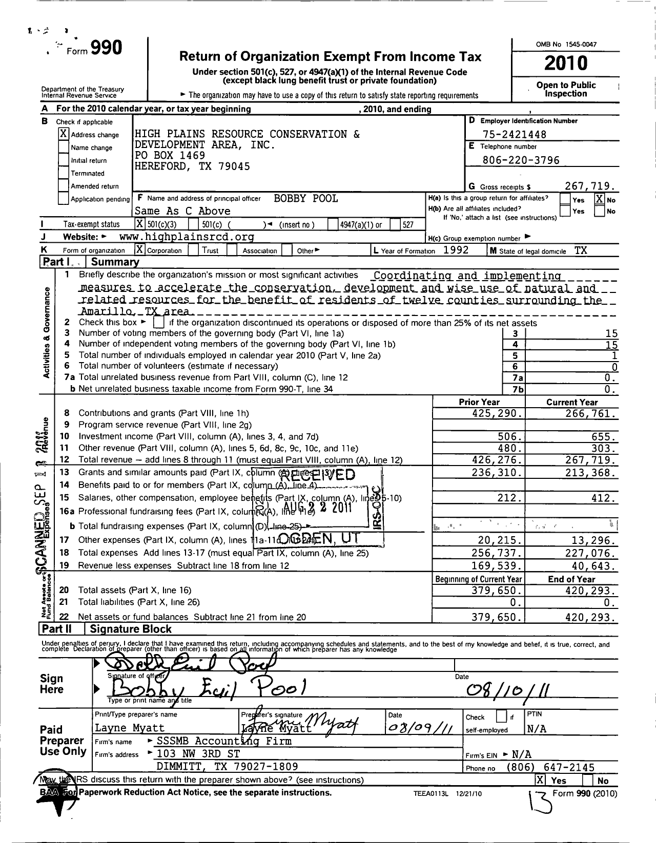 Image of first page of 2010 Form 990 for High Plains Resource Conservation and Development Area