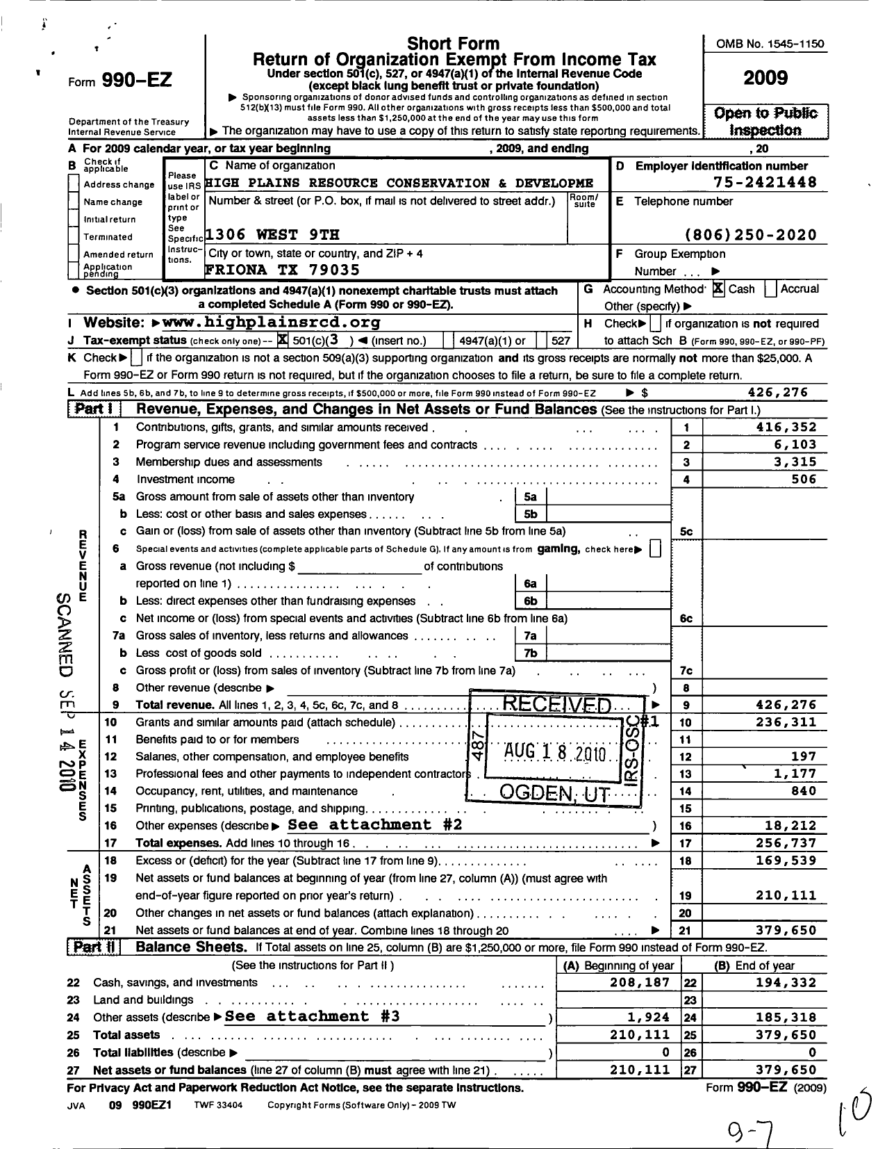 Image of first page of 2009 Form 990EZ for High Plains Resource Conservation and Development Area