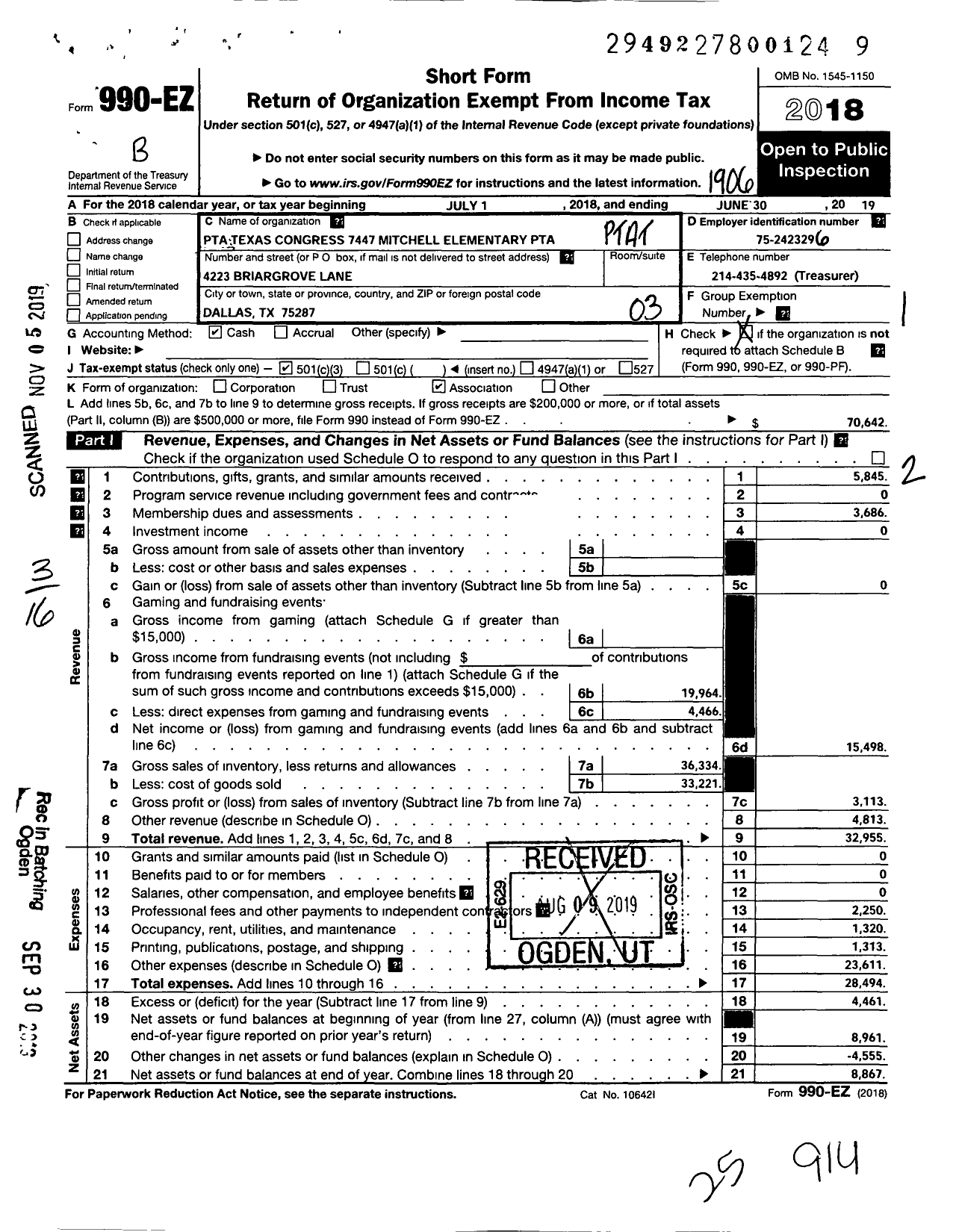 Image of first page of 2018 Form 990EZ for TEXAS PTA - 7449 Mitchell Elementary