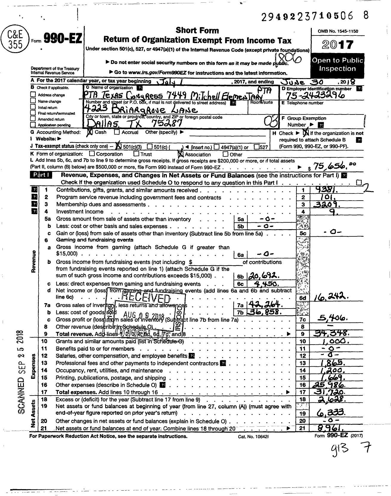 Image of first page of 2017 Form 990EZ for TEXAS PTA - 7449 Mitchell Elementary