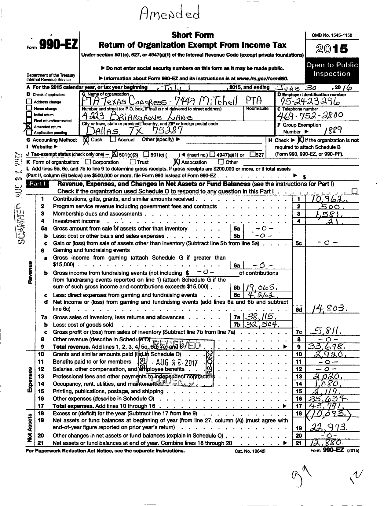 Image of first page of 2015 Form 990EZ for TEXAS PTA - 7449 Mitchell Elementary