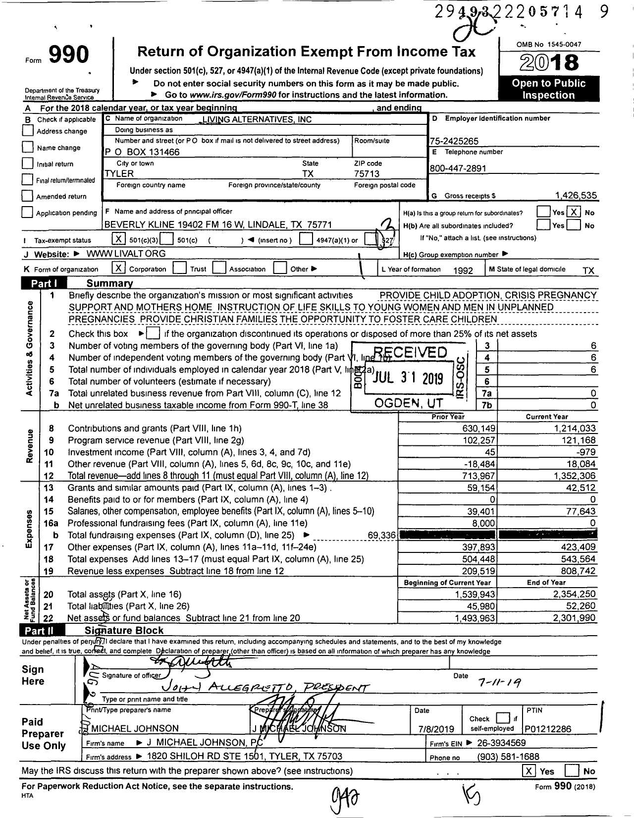 Image of first page of 2018 Form 990 for Living Alternatives