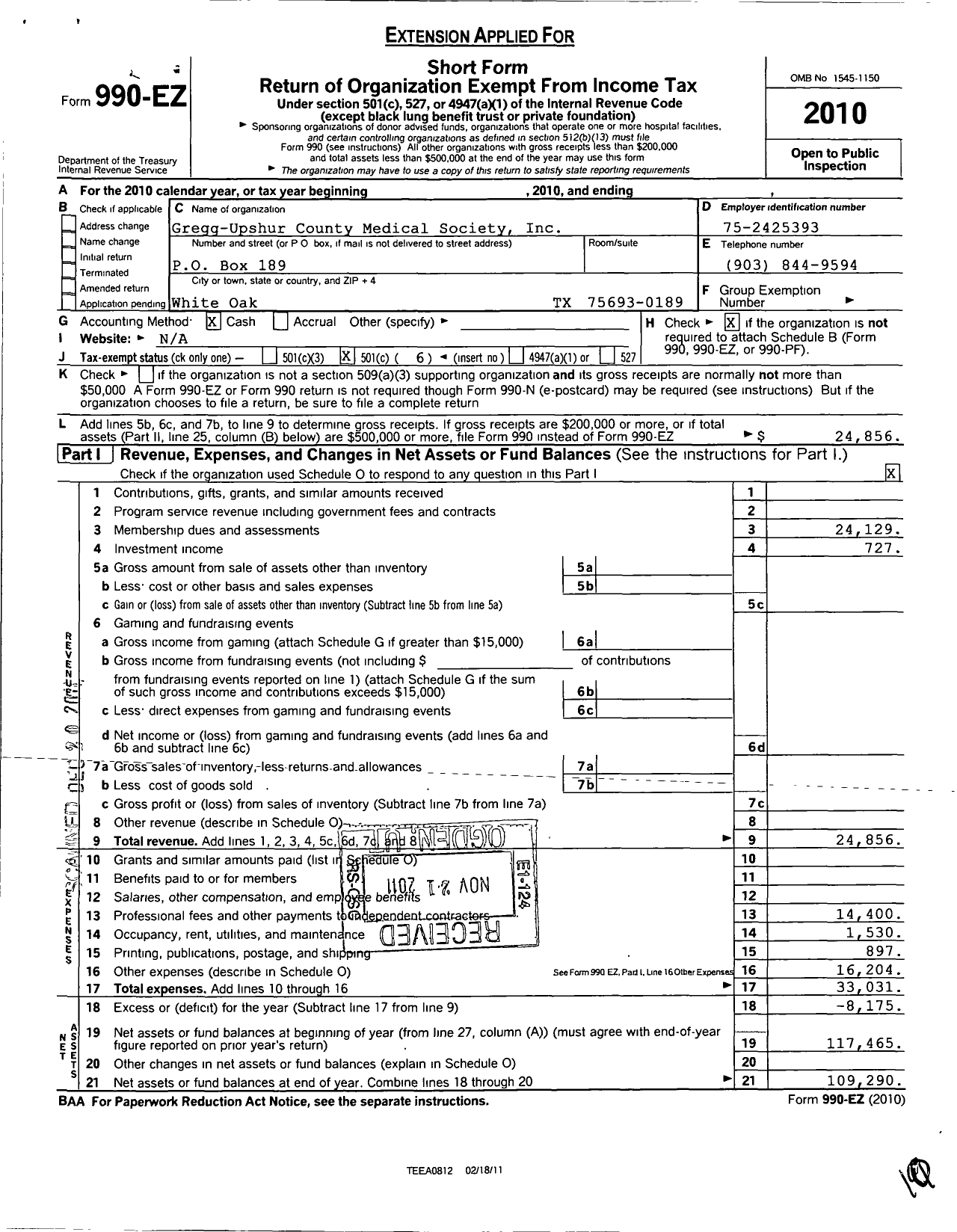 Image of first page of 2010 Form 990EO for Gregg County Medical Society