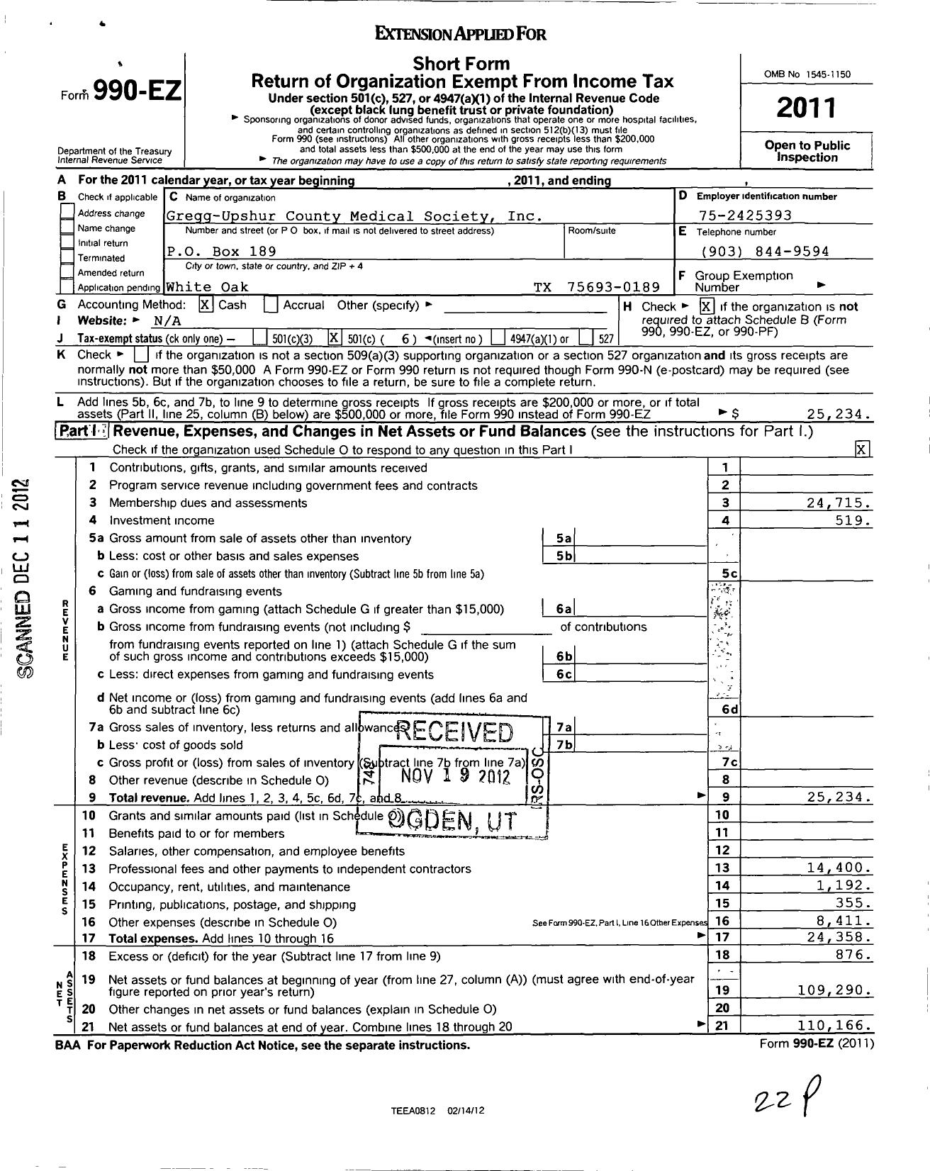 Image of first page of 2011 Form 990EO for Gregg County Medical Society