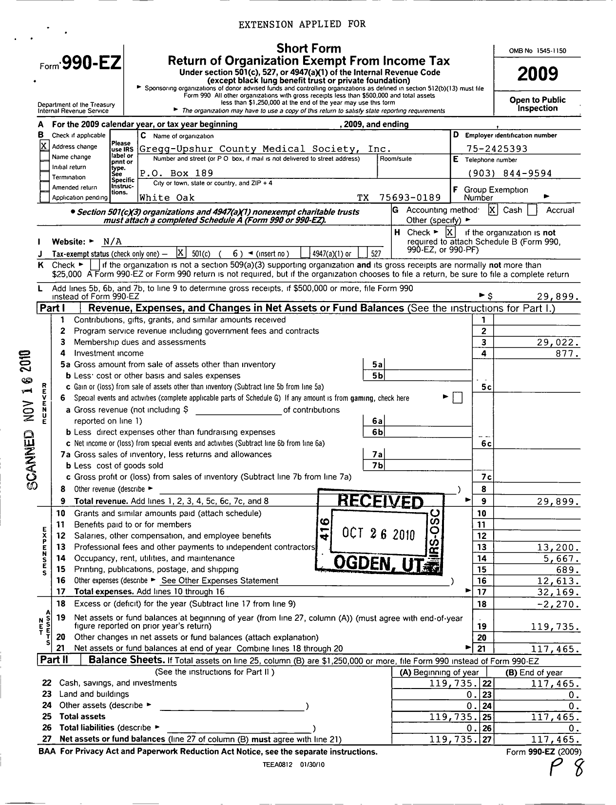 Image of first page of 2009 Form 990EO for Gregg County Medical Society