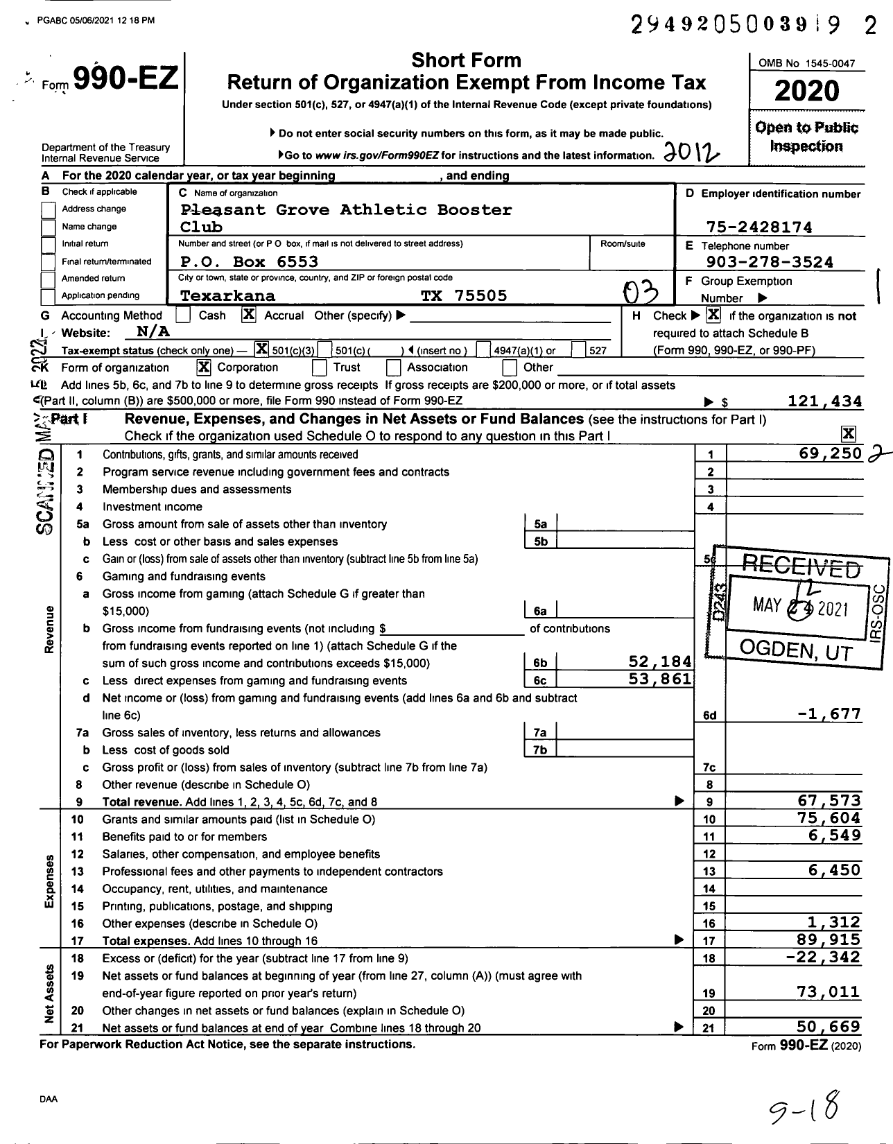 Image of first page of 2020 Form 990EZ for Pleasant Grove Athletic Booster Club