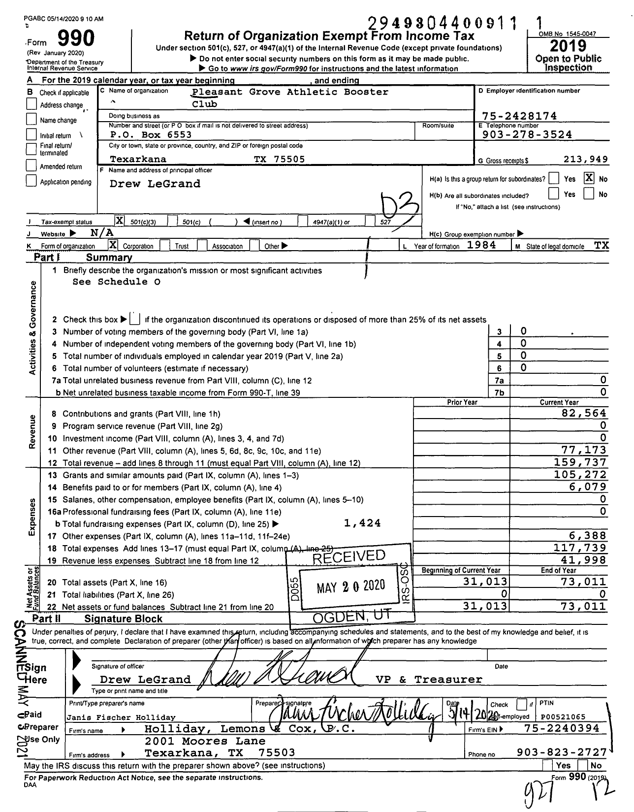 Image of first page of 2019 Form 990 for Pleasant Grove Athletic Booster Club