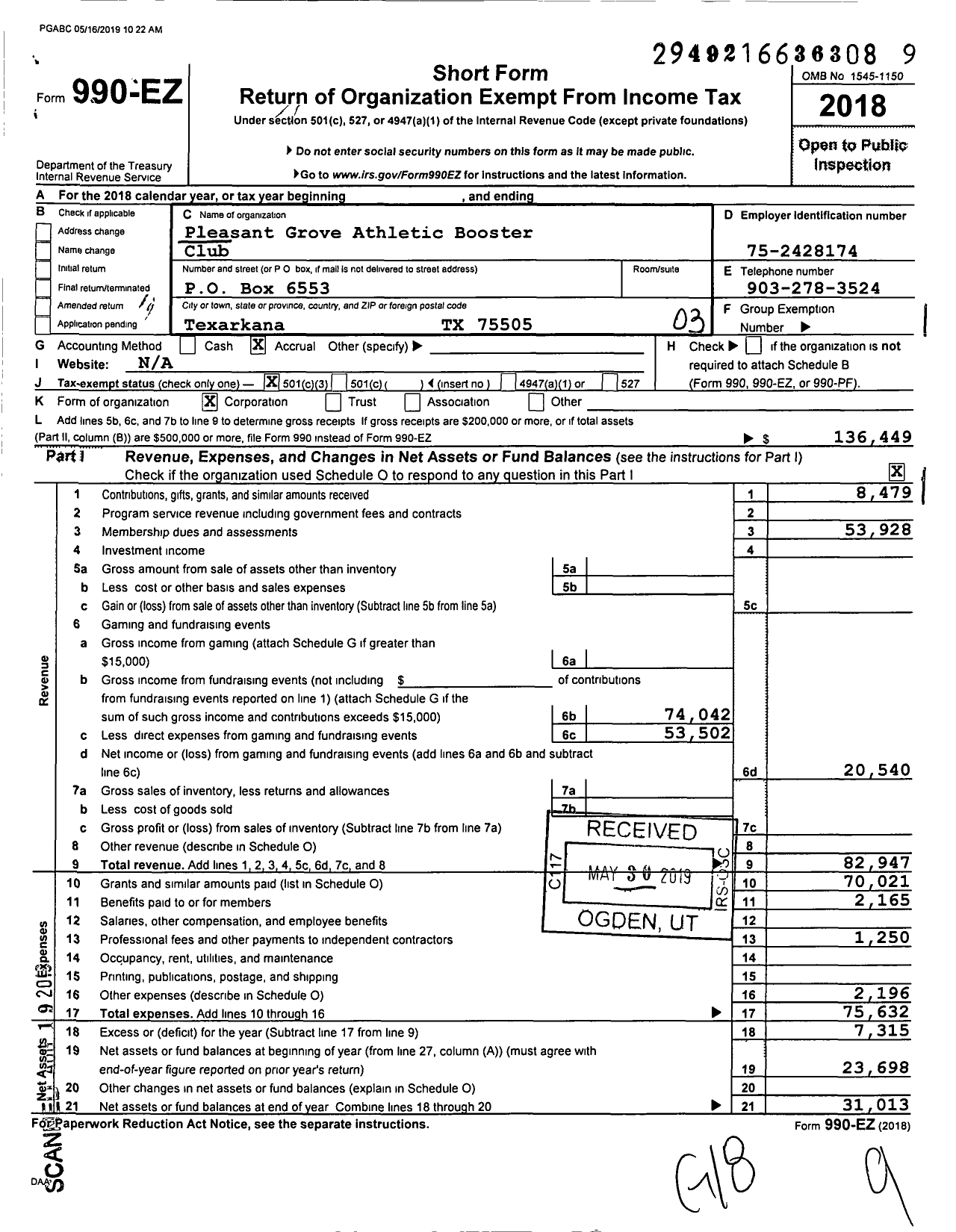 Image of first page of 2018 Form 990EZ for Pleasant Grove Athletic Booster Club