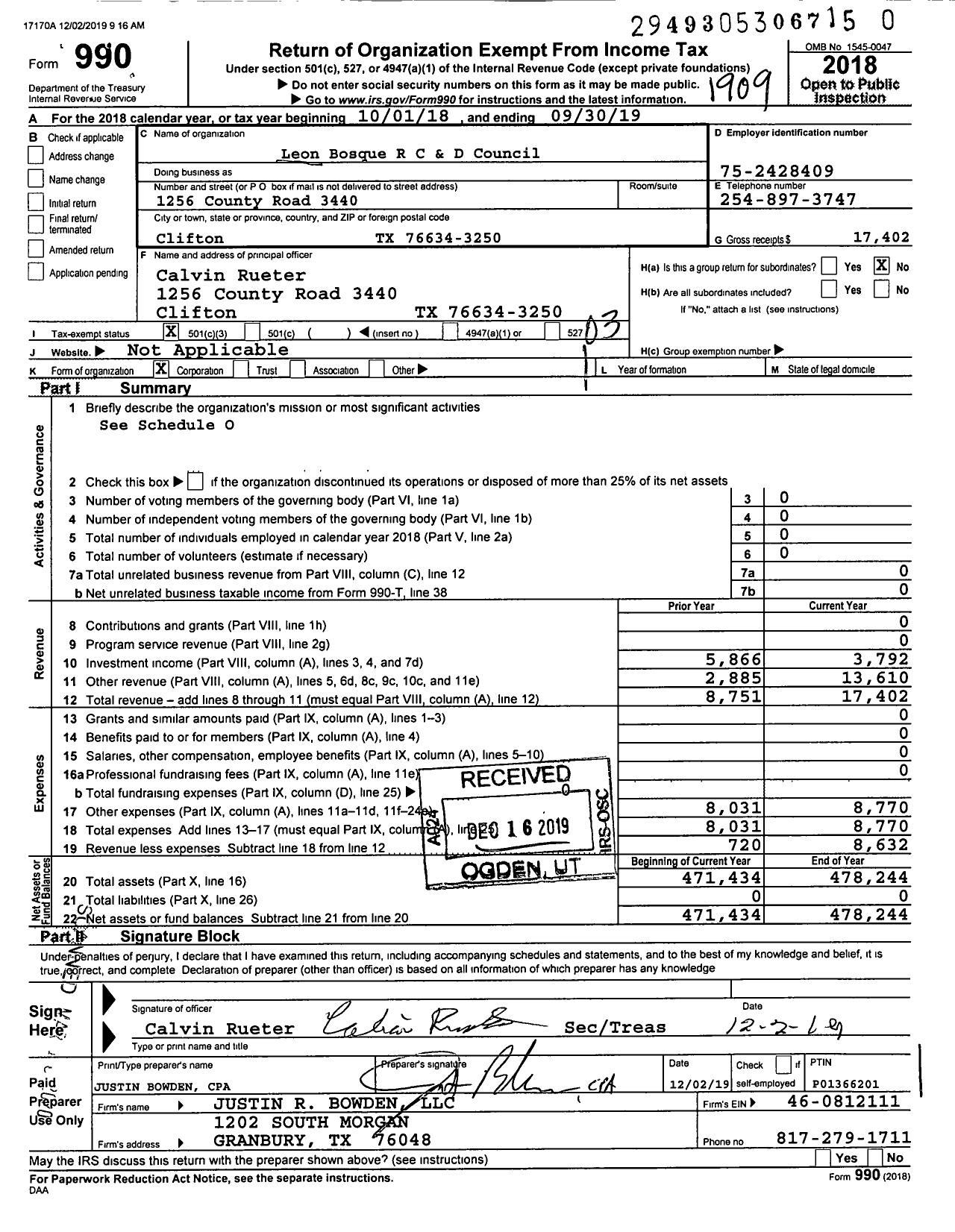 Image of first page of 2018 Form 990 for Leon Bosque R C and D Council