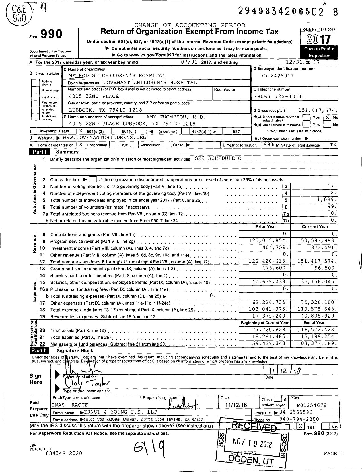 Image of first page of 2017 Form 990 for Covenant Children's Hospital