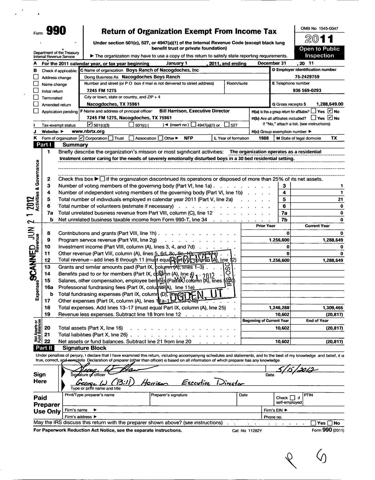 Image of first page of 2011 Form 990 for Boys Ranch of Nacogdoches