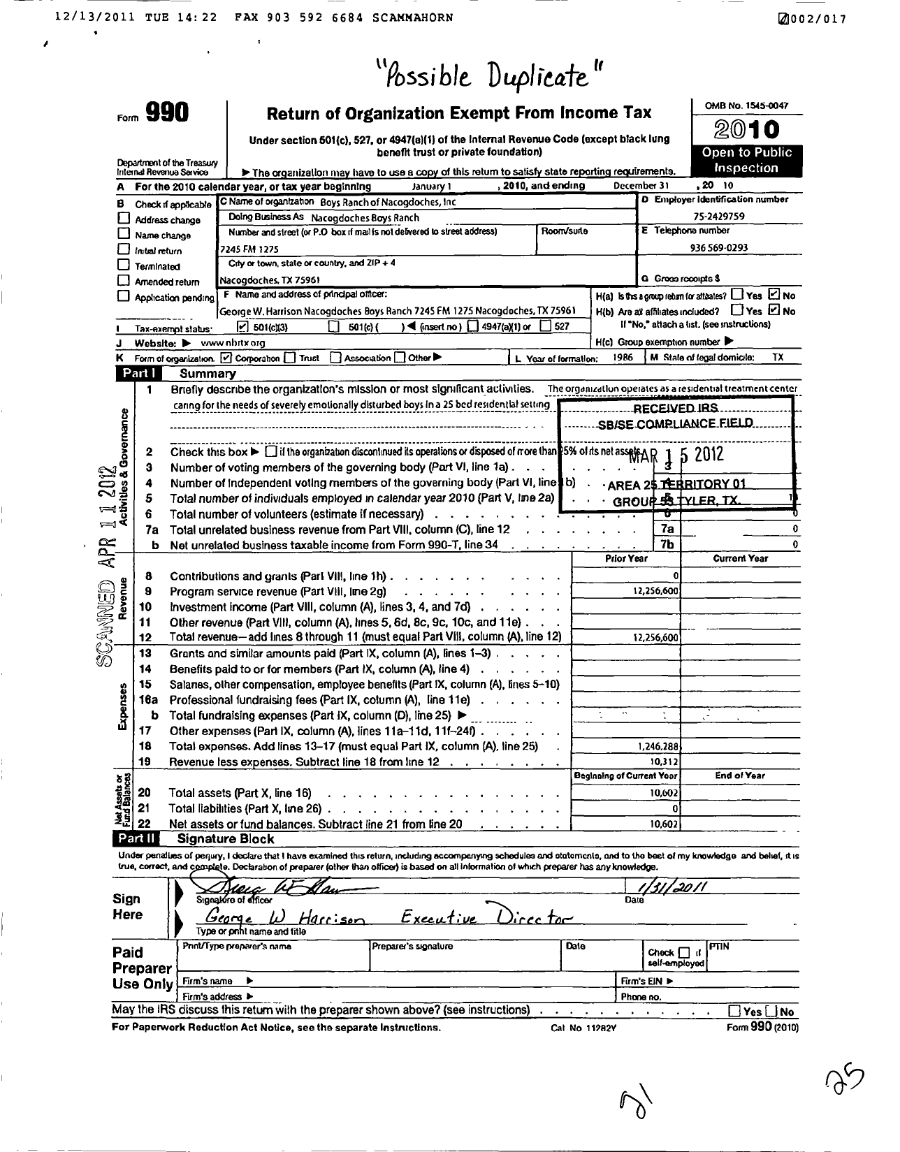 Image of first page of 2010 Form 990 for Boys Ranch of Nacogdoches