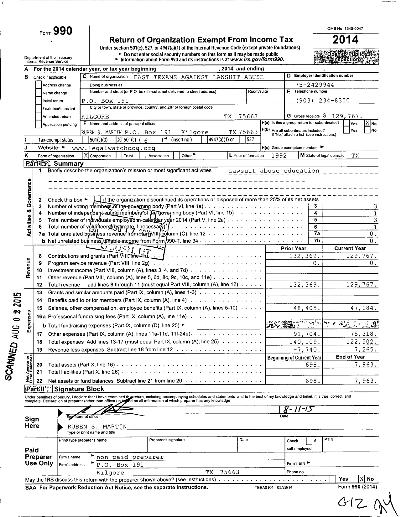 Image of first page of 2014 Form 990O for East Texans Against Lawsuit Abuse