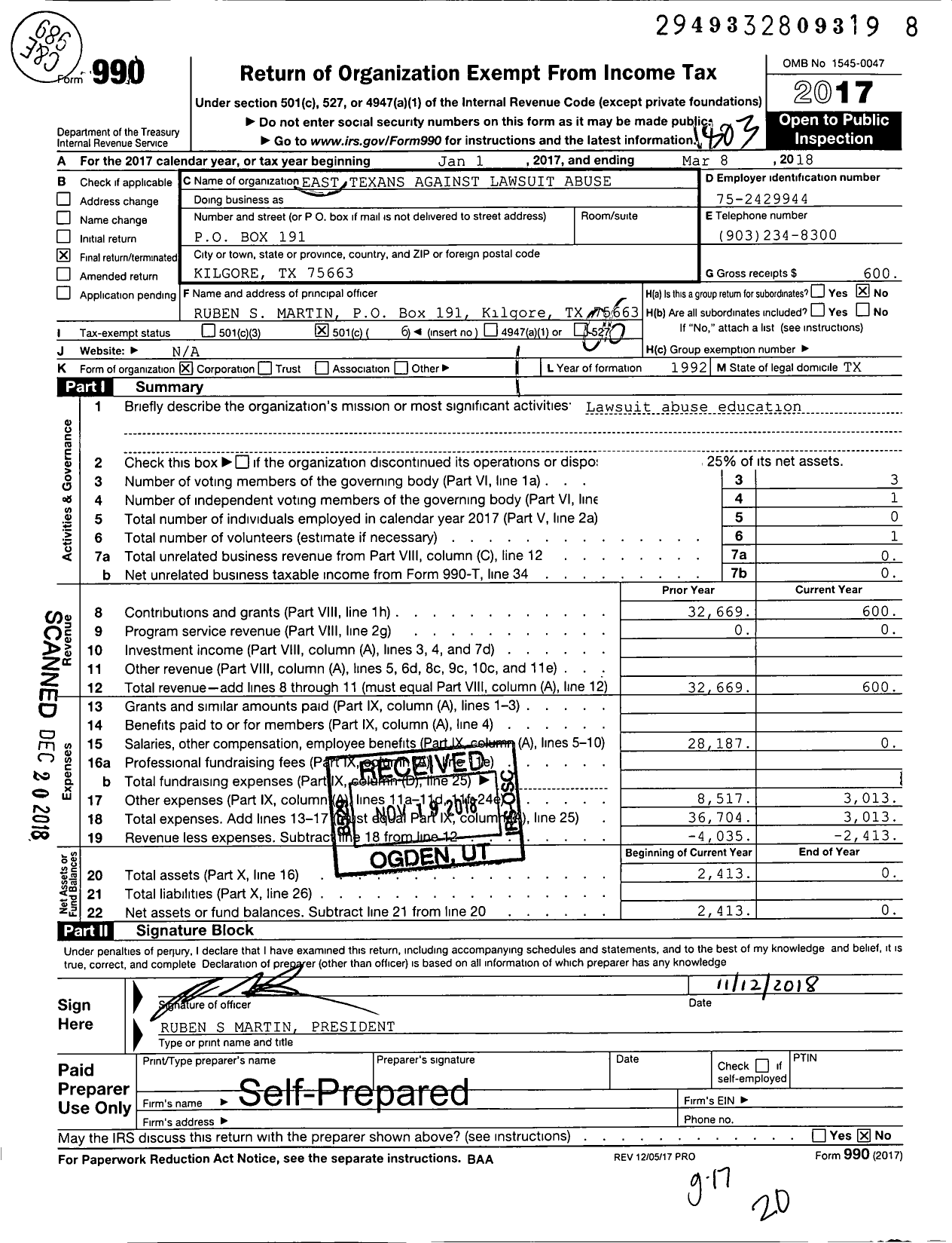 Image of first page of 2017 Form 990O for East Texans Against Lawsuit Abuse