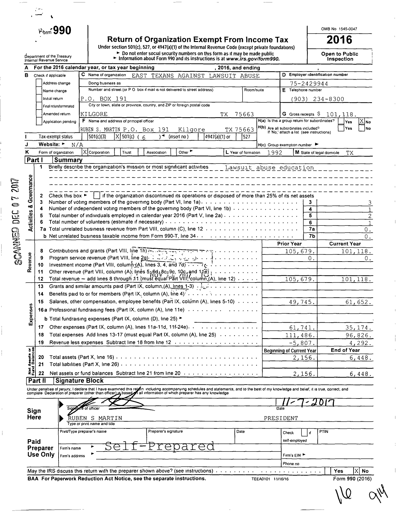 Image of first page of 2016 Form 990O for East Texans Against Lawsuit Abuse