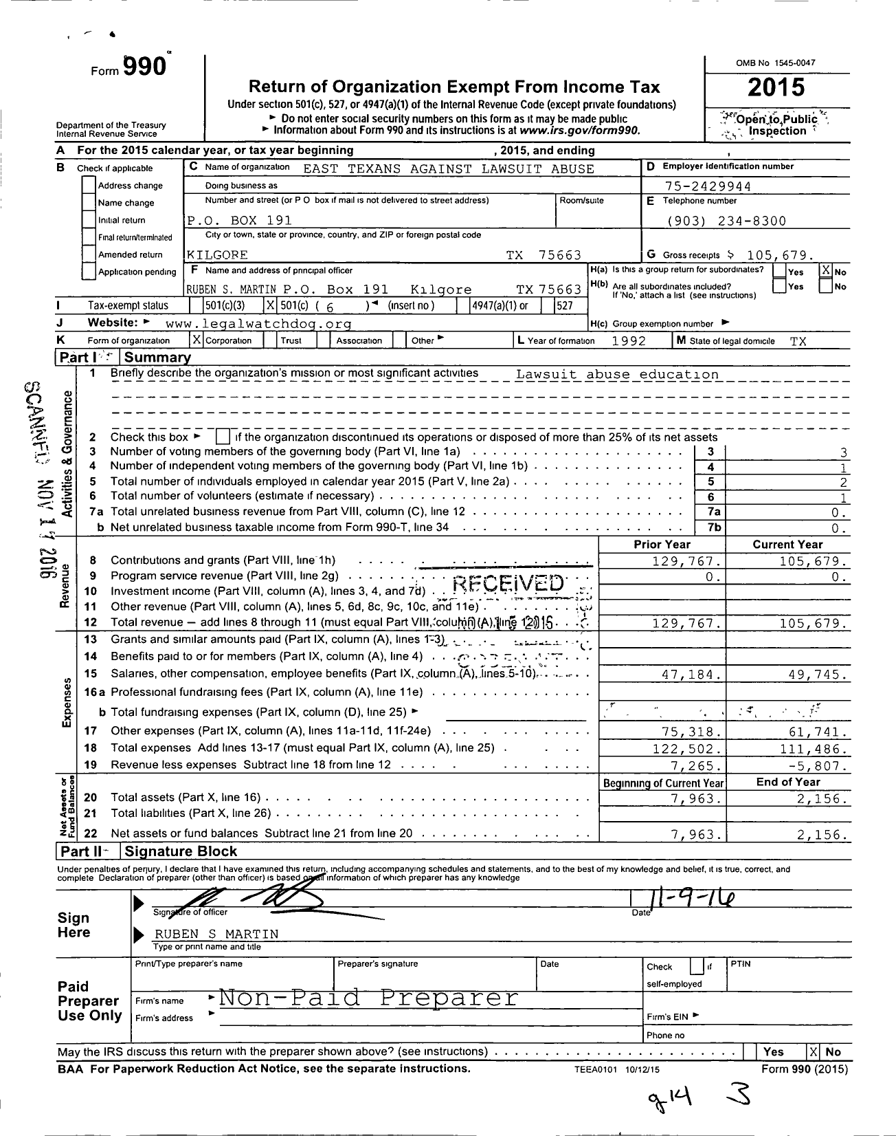 Image of first page of 2015 Form 990O for East Texans Against Lawsuit Abuse