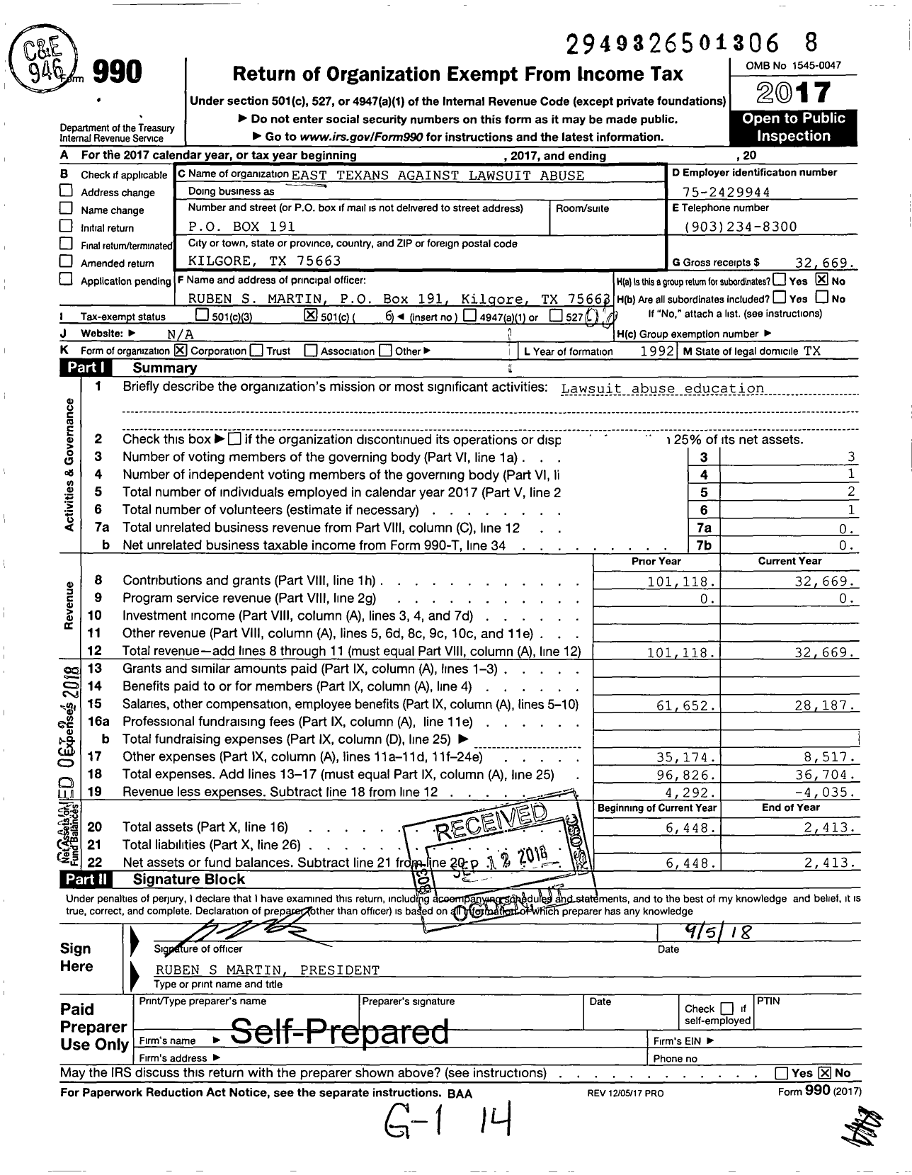 Image of first page of 2017 Form 990O for East Texans Against Lawsuit Abuse