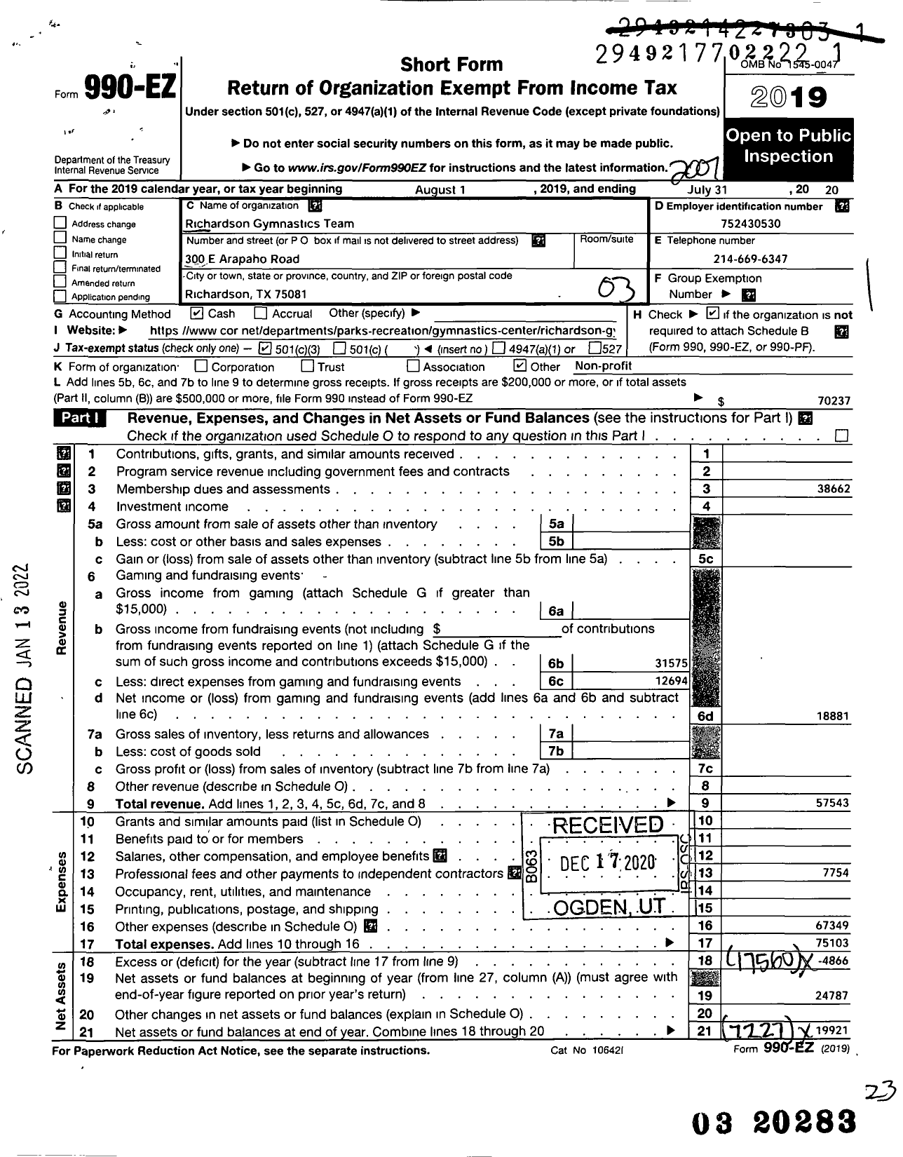 Image of first page of 2019 Form 990EZ for Richardson Gymnastics Team