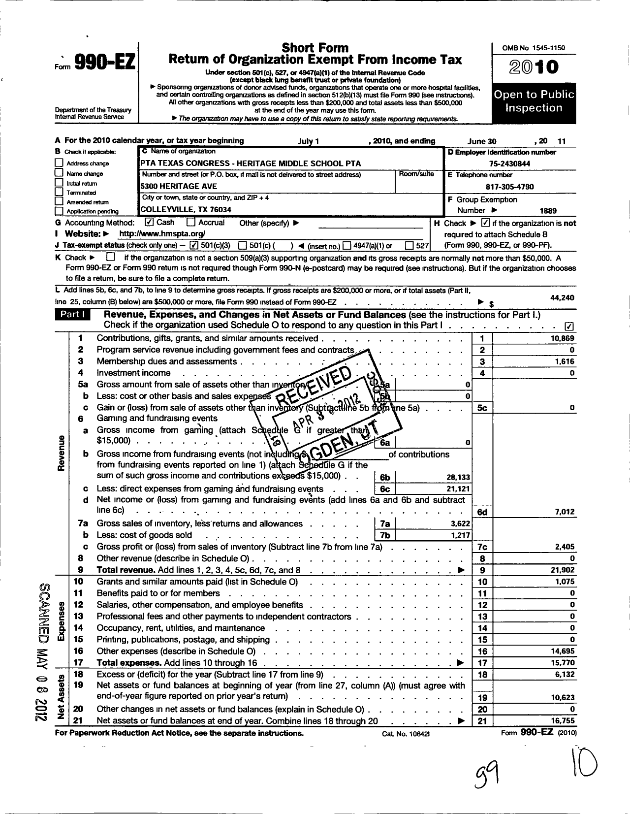 Image of first page of 2010 Form 990EZ for Texas PTA - 4407 Heritage Middle PTA